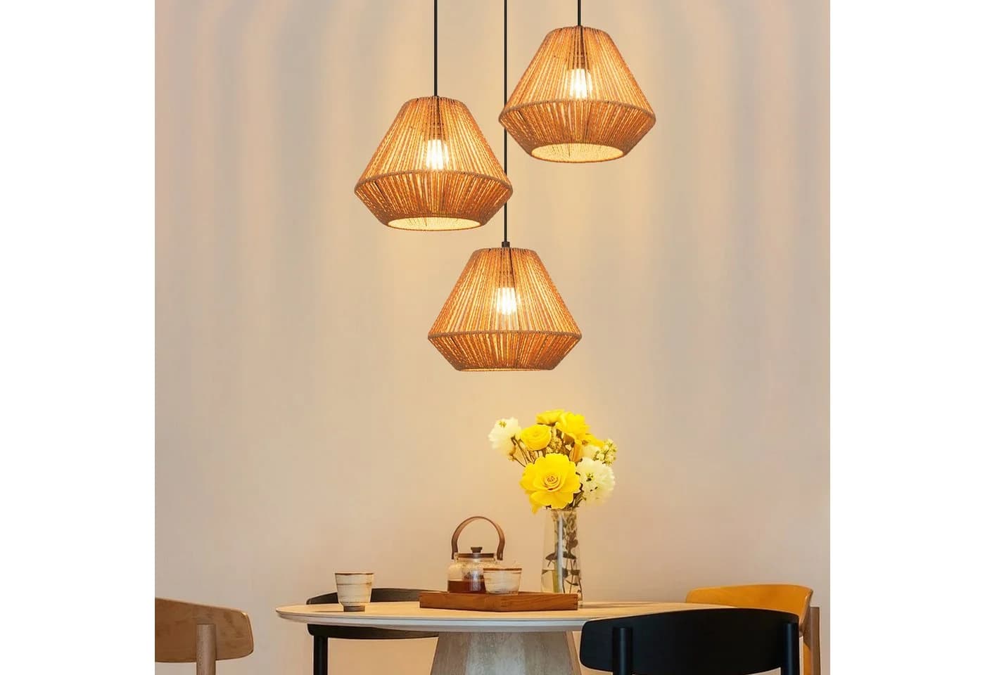 Nettlife Pendelleuchte Rattan 3 flammig Höhenverstellbar Boho E27 Hängeleuchte - Bild 2
