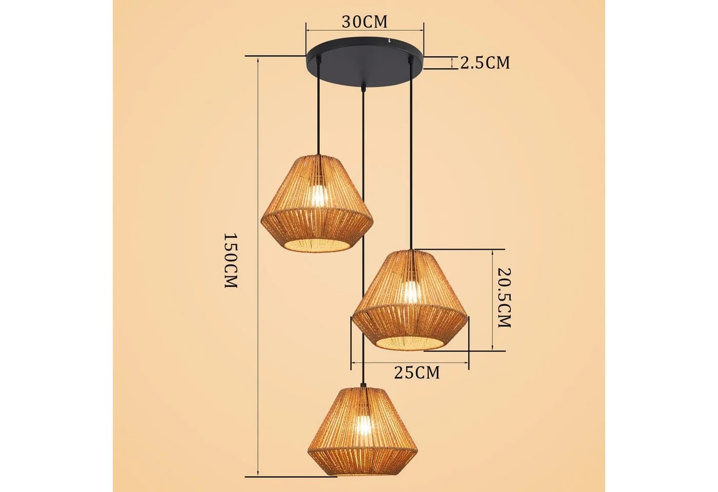 Nettlife Pendelleuchte Rattan 3 flammig Höhenverstellbar Boho E27 Hängeleuchte - Bild 3