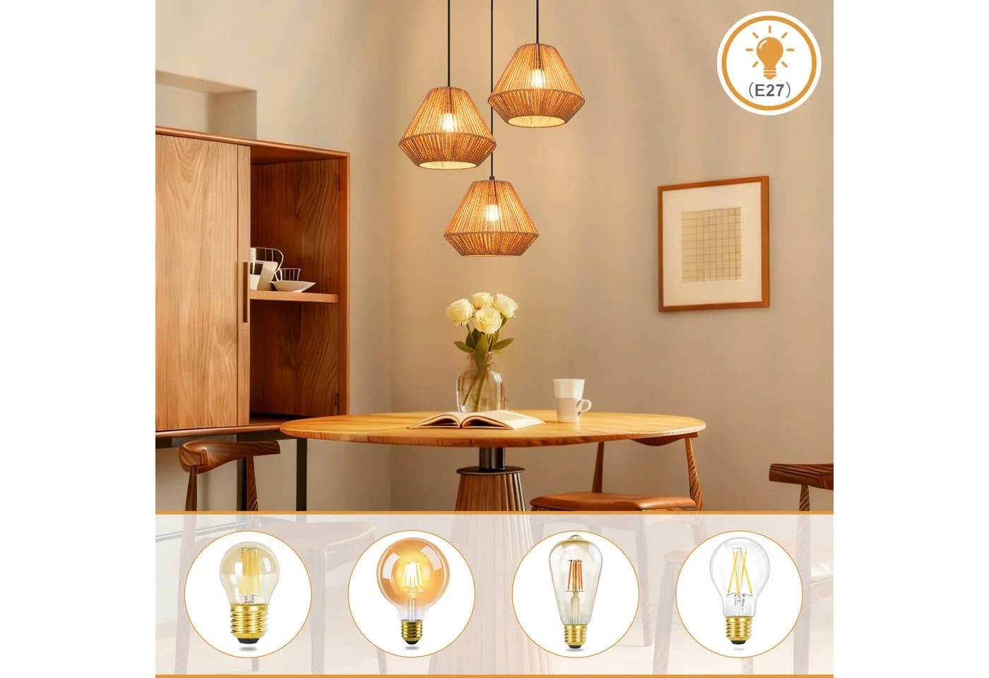 Nettlife Pendelleuchte Rattan 3 flammig Höhenverstellbar Boho E27 Hängeleuchte - Bild 4