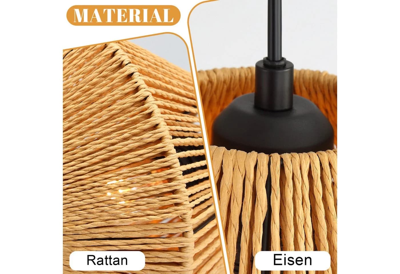 Nettlife Pendelleuchte Rattan 3 flammig Höhenverstellbar Boho E27 Hängeleuchte - Bild 5