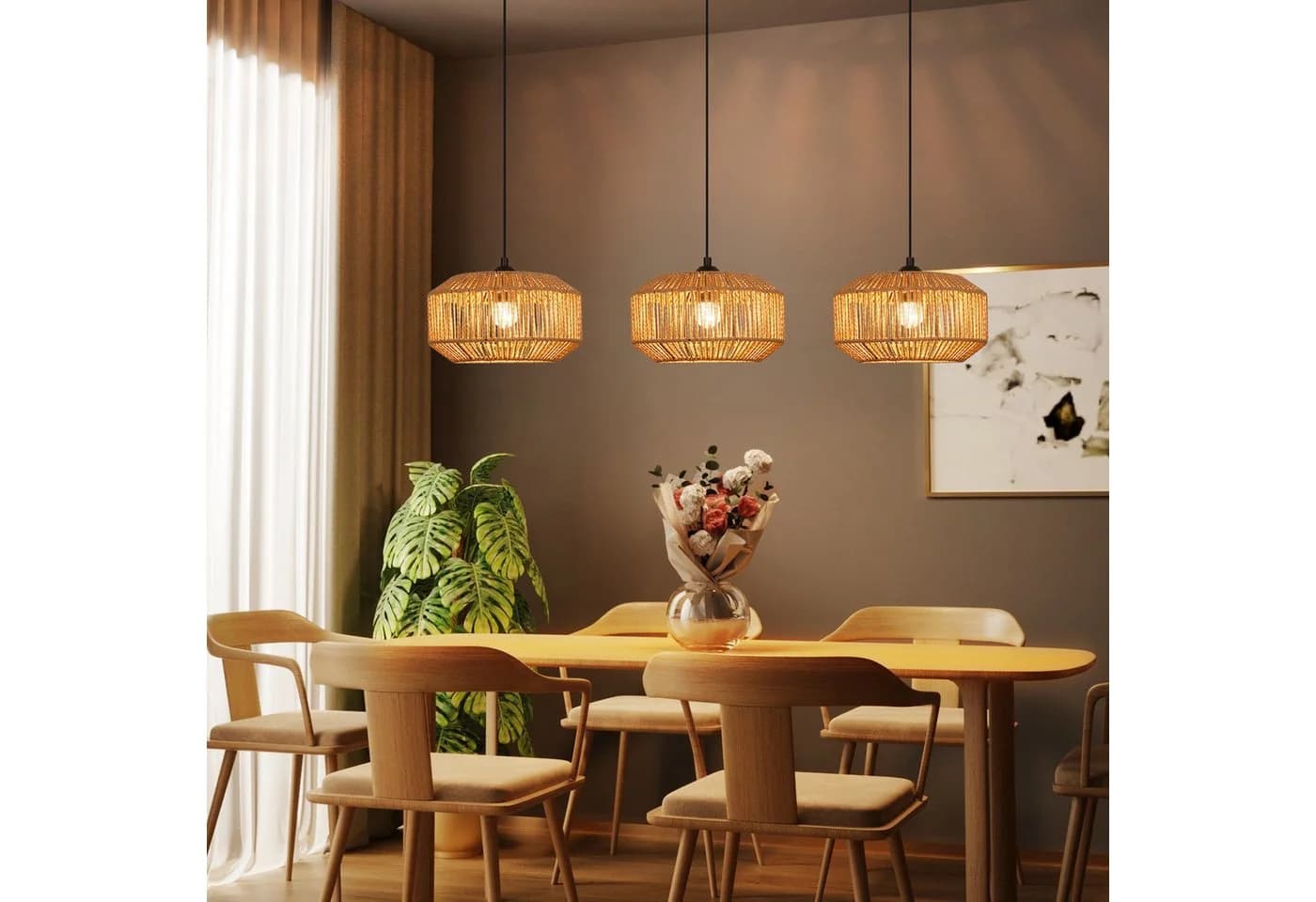 Nettlife Pendelleuchte Rattan 3-flammig Höhenverstellbar Boho E27