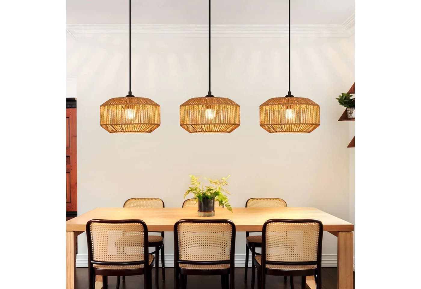 Nettlife Pendelleuchte Rattan 3-flammig Höhenverstellbar Boho E27 - Bild 2