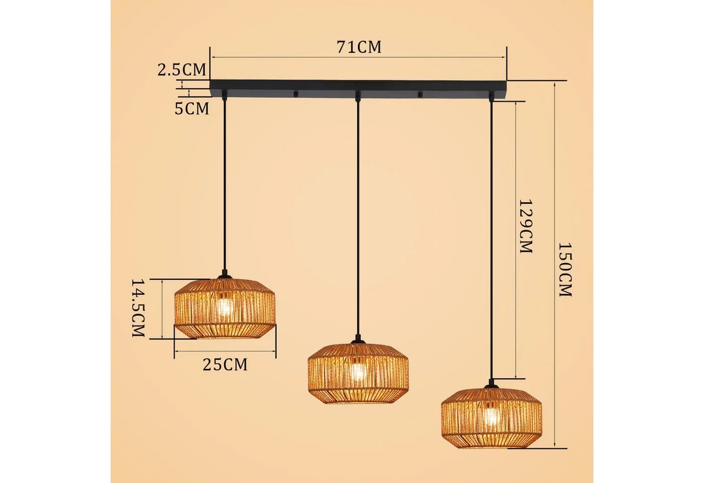 Nettlife Pendelleuchte Rattan 3-flammig Höhenverstellbar Boho E27 - Bild 3