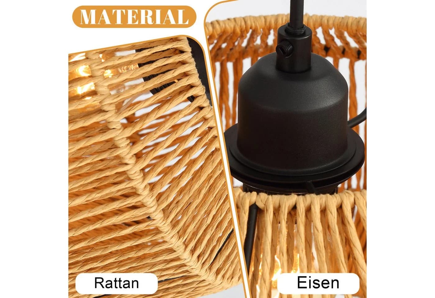 Nettlife Pendelleuchte Rattan 3-flammig Höhenverstellbar Boho E27 - Bild 5