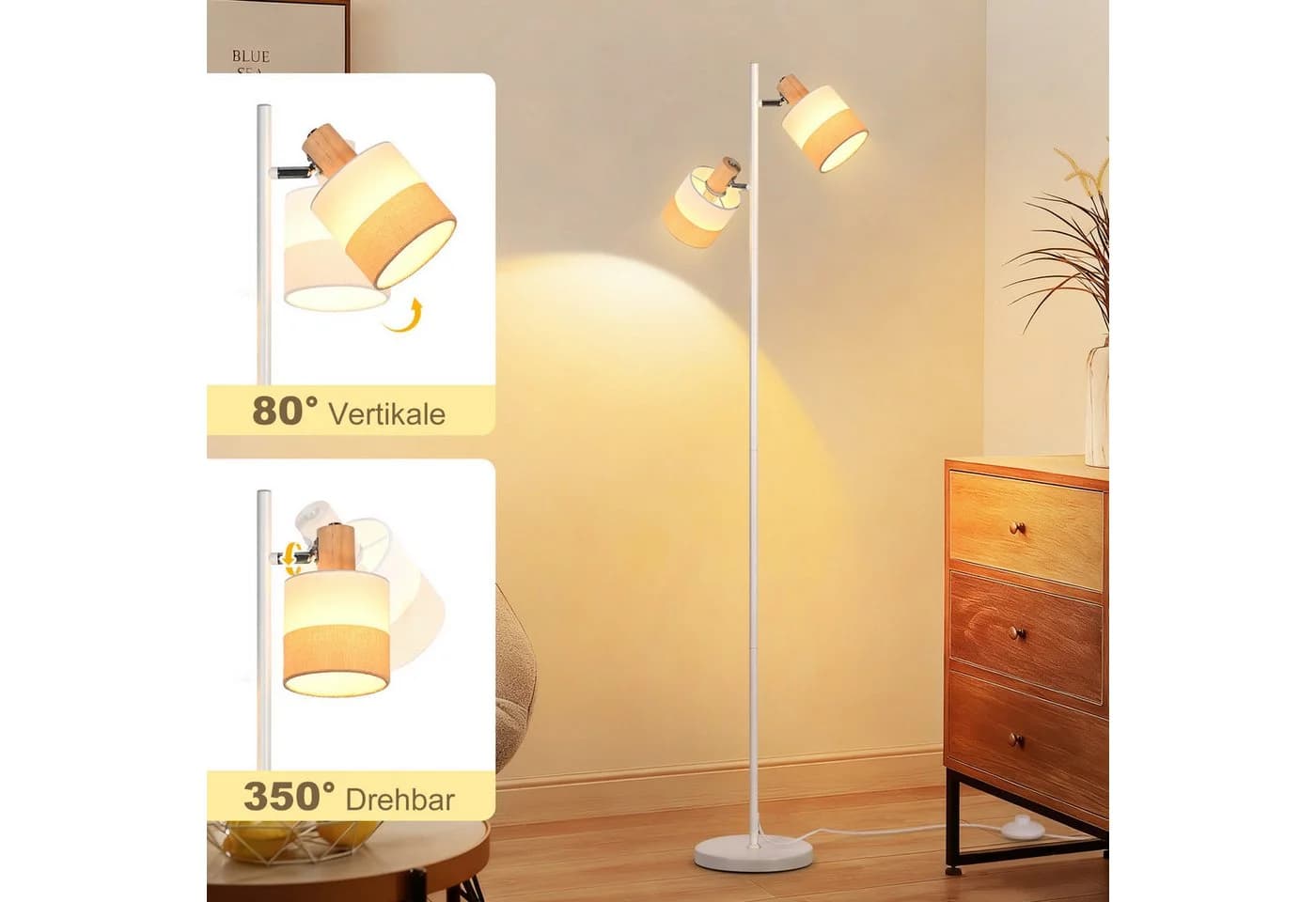 Nettlife Stehlampe Vintage Stoffschirm E14 LED Fußschalter