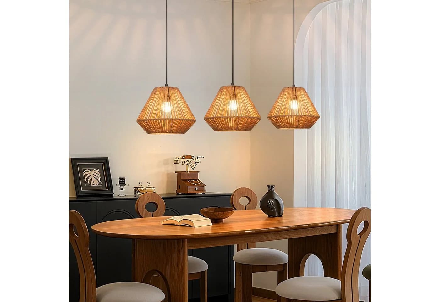 Nettlife Pendelleuchte Rattan 3 flammig Höhenverstellbar Boho E27 Hängeleuchte, Diamantflecht, Ohne Leuchtmittel, für Schlafzimmer Wohnzimmer