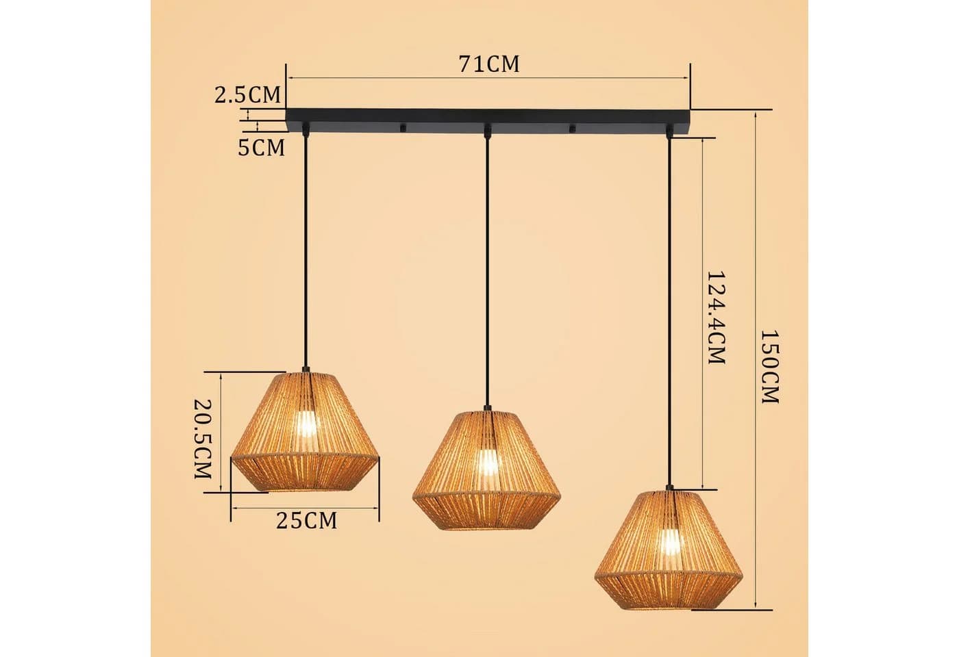 Nettlife Pendelleuchte Rattan 3 flammig Höhenverstellbar Boho E27 Hängeleuchte, Diamantflecht, Ohne Leuchtmittel, für Schlafzimmer Wohnzimmer - Bild 3