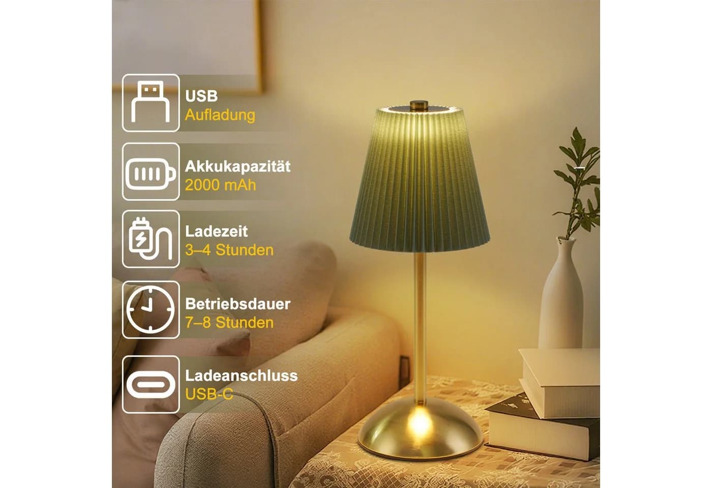Nettlife LED Tischleuchte 2er Set Dimmbar Grün Stoff Design - Bild 5