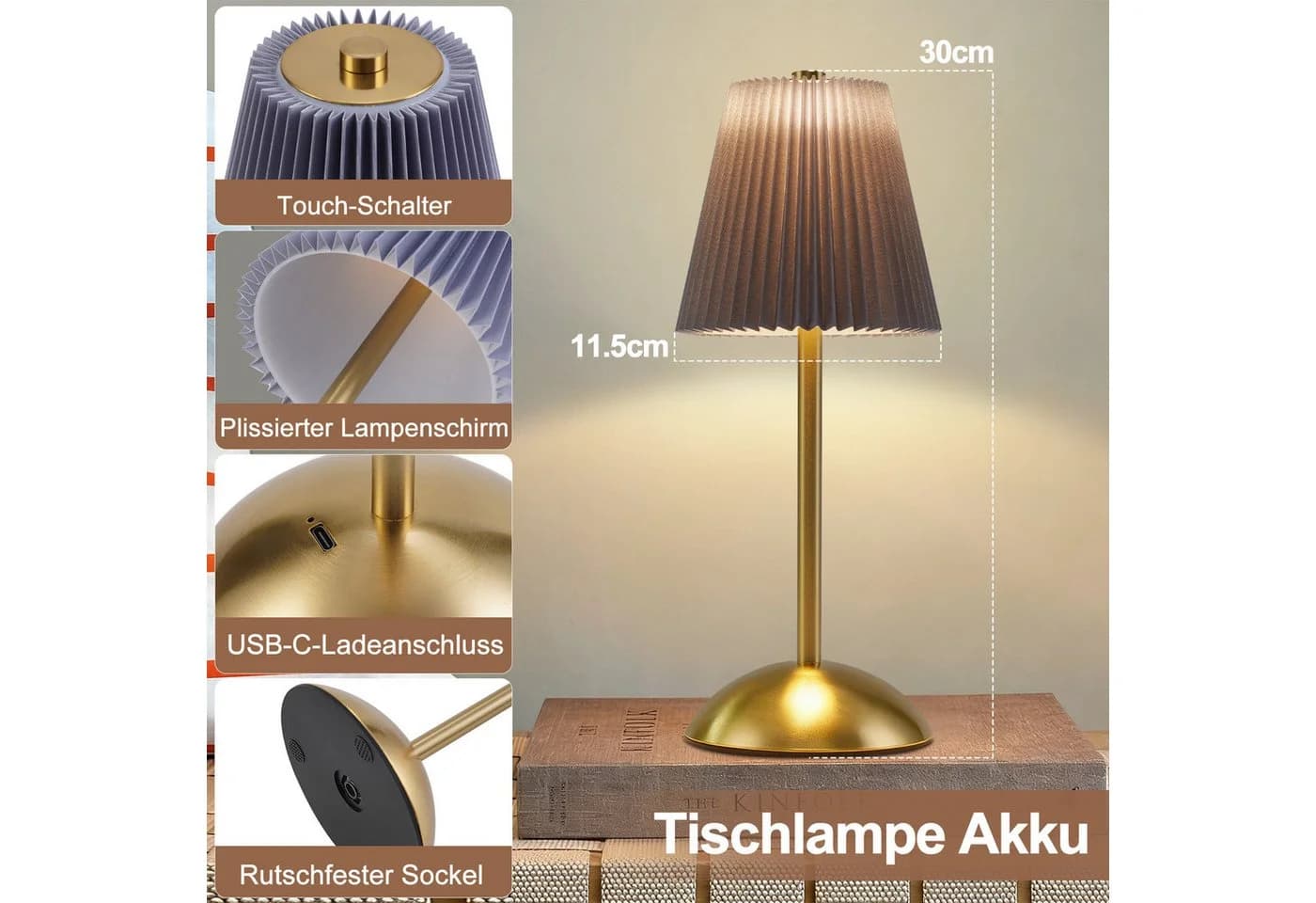 Nettlife LED Tischleuchte 2er Schwarz/Grün/Weiß/Orange/Graublau Stoff Retro Nachttischleuchte, 3 Lichtfarben Akku-Betrieb USB-ladbar - Bild 3