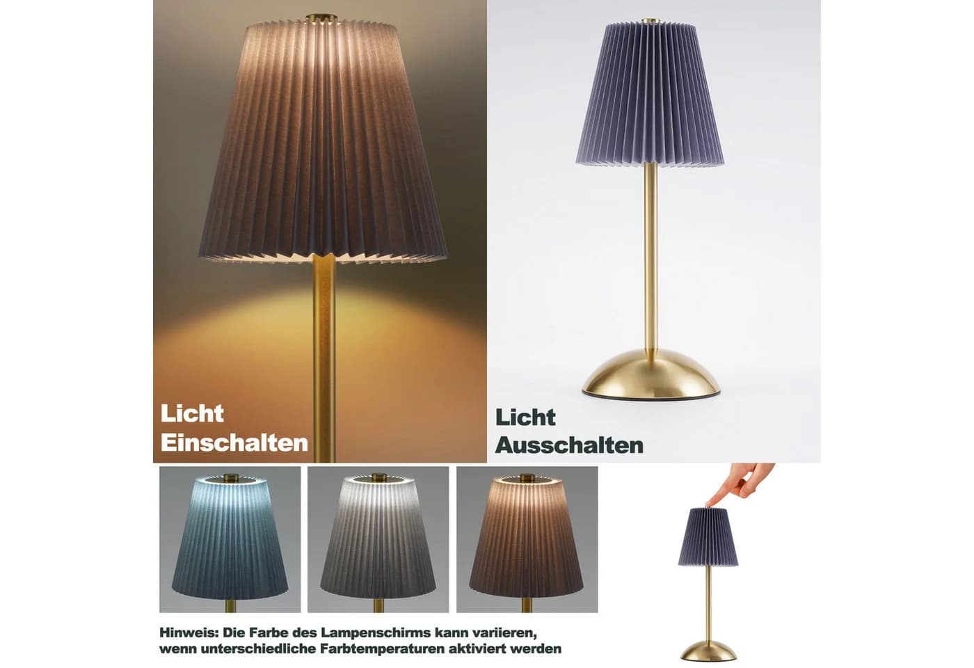 Nettlife LED Tischleuchte 2er Schwarz/Grün/Weiß/Orange/Graublau Stoff Retro Nachttischleuchte, 3 Lichtfarben Akku-Betrieb USB-ladbar - Bild 4