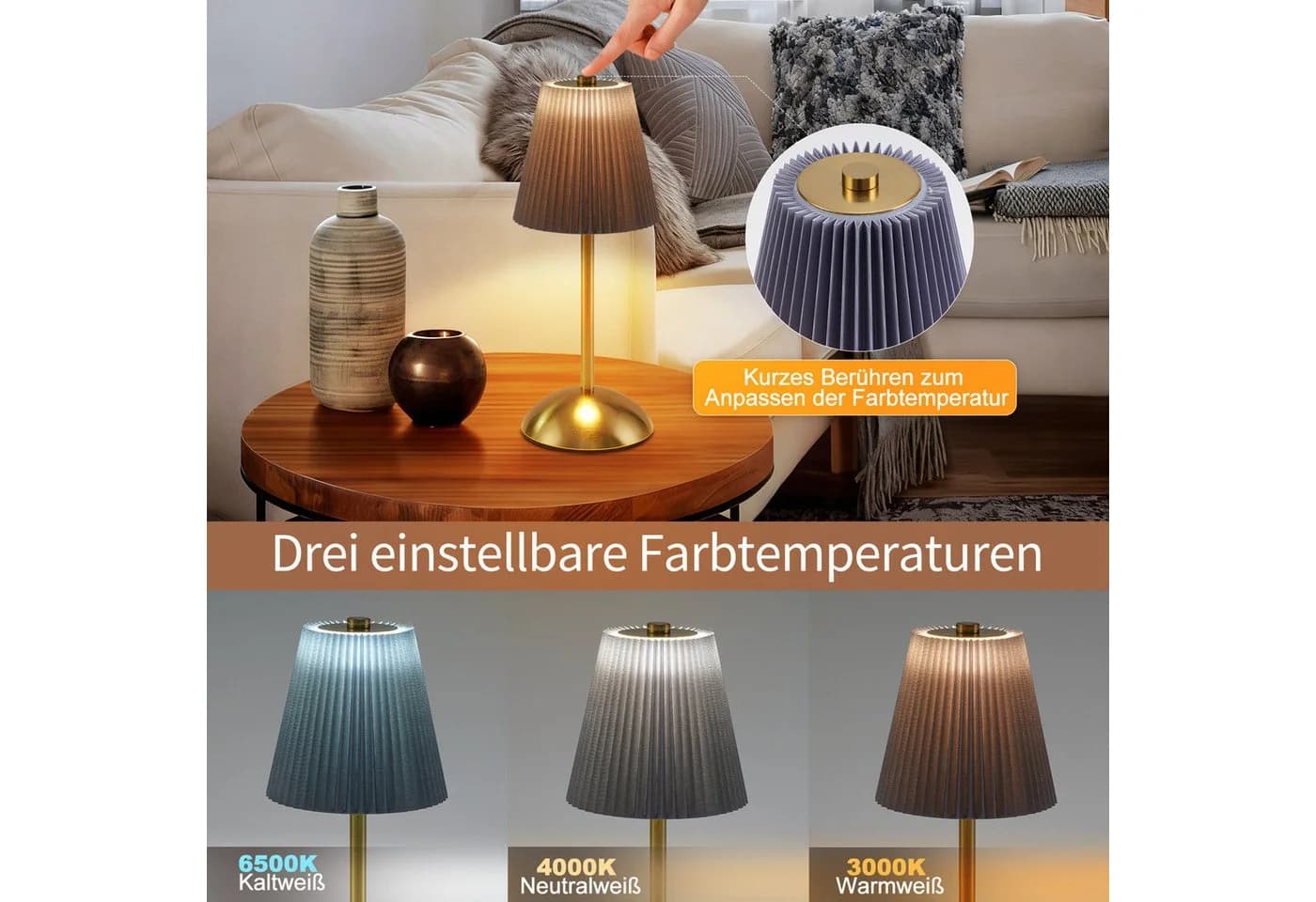 Nettlife LED Tischleuchte 2er Schwarz/Grün/Weiß/Orange/Graublau Stoff Retro Nachttischleuchte, 3 Lichtfarben Akku-Betrieb USB-ladbar - Bild 5