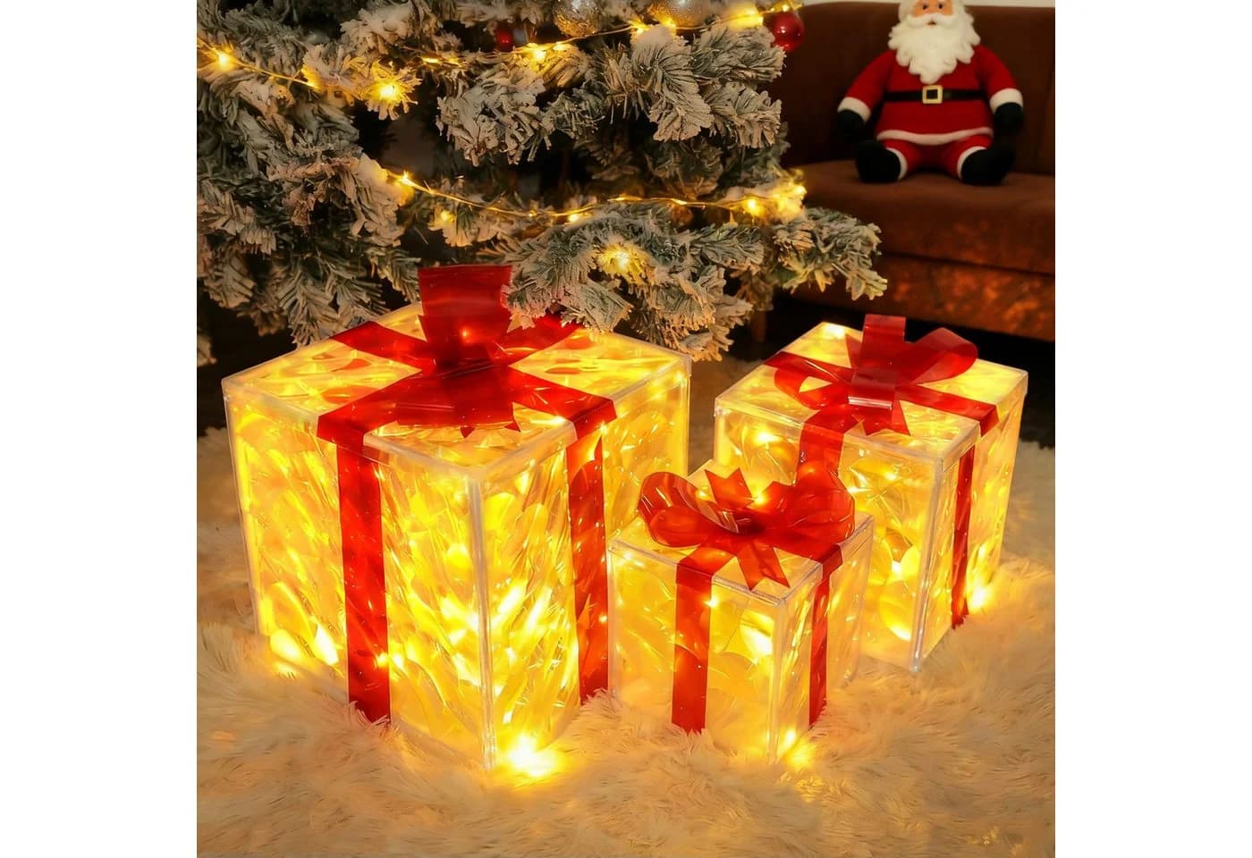 Nettlife LED Geschenkbox 3er Weihnachten Deko Leuchtfiguren Rot-Weiß - Bild 2