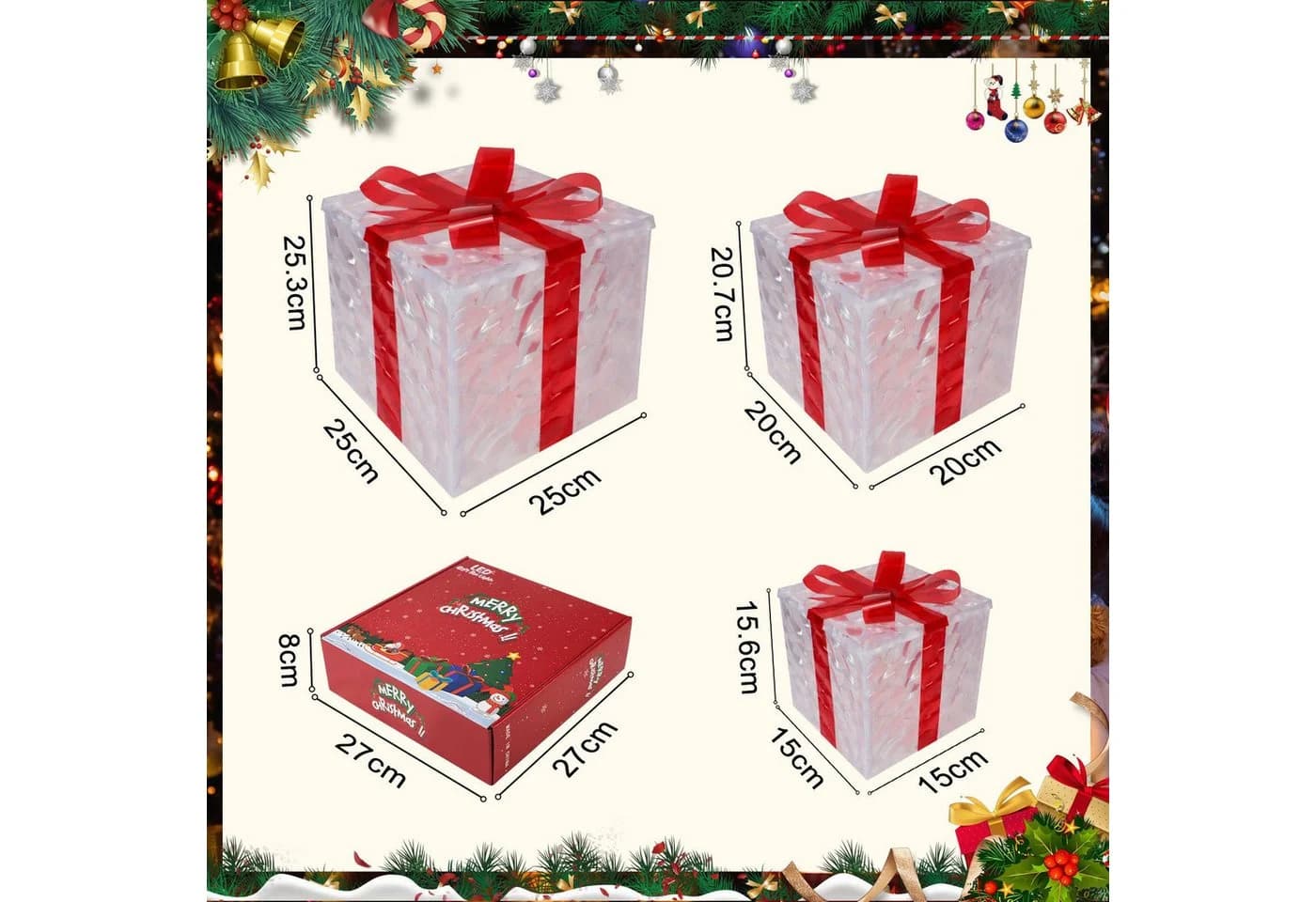 Nettlife LED Geschenkbox 3er Weihnachten Deko Leuchtfiguren Rot-Weiß - Bild 3
