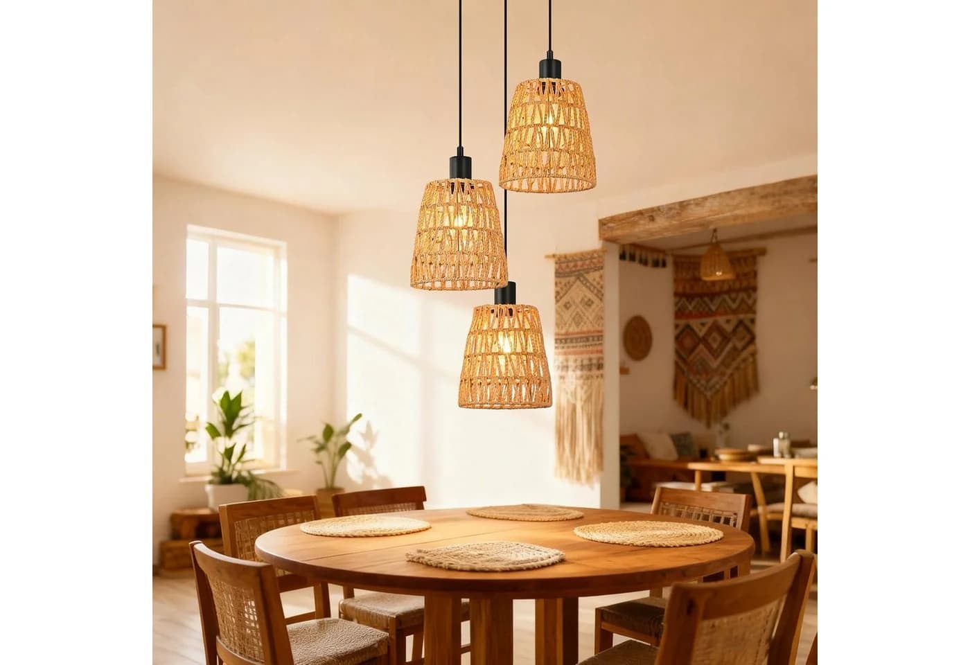Nettlife Pendelleuchte Retro Boho Rattan 1/3 flammig E27