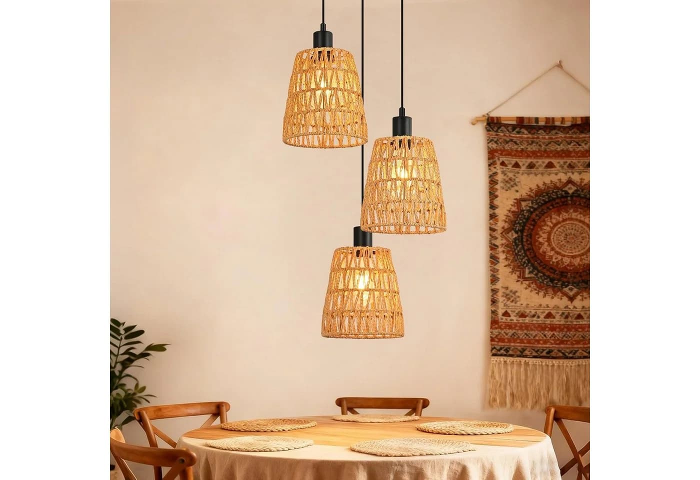 Nettlife Pendelleuchte Retro Boho Rattan 1/3 flammig E27 - Bild 2