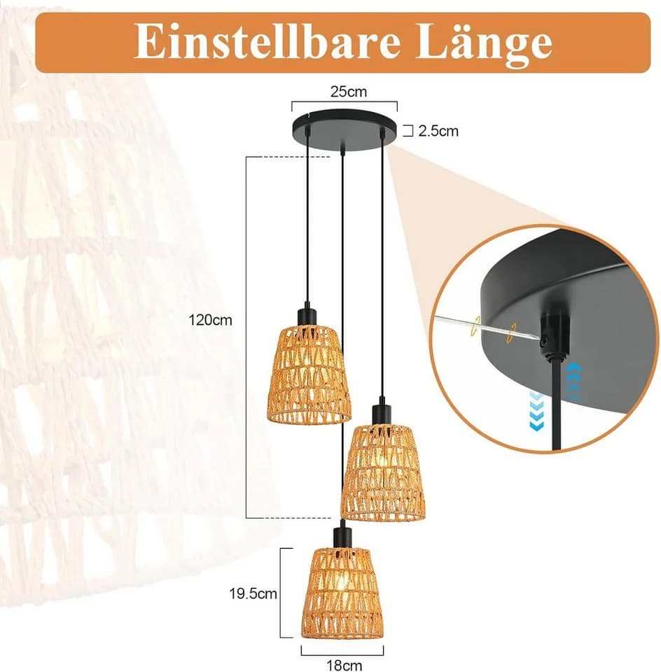 Nettlife Pendelleuchte Retro Boho Rattan 1/3 flammig E27 - Bild 3
