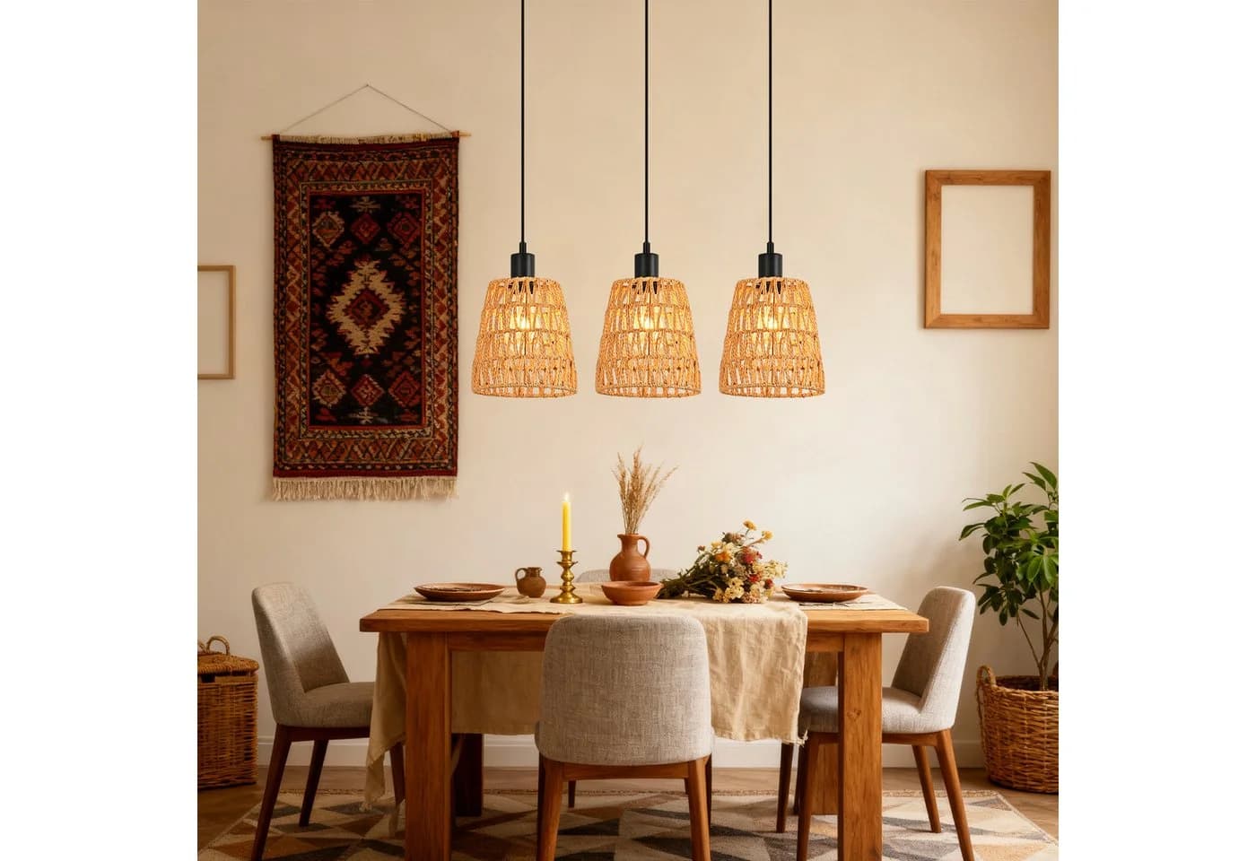 Nettlife Pendelleuchte Retro Boho Rattan höhenverstellbar E27