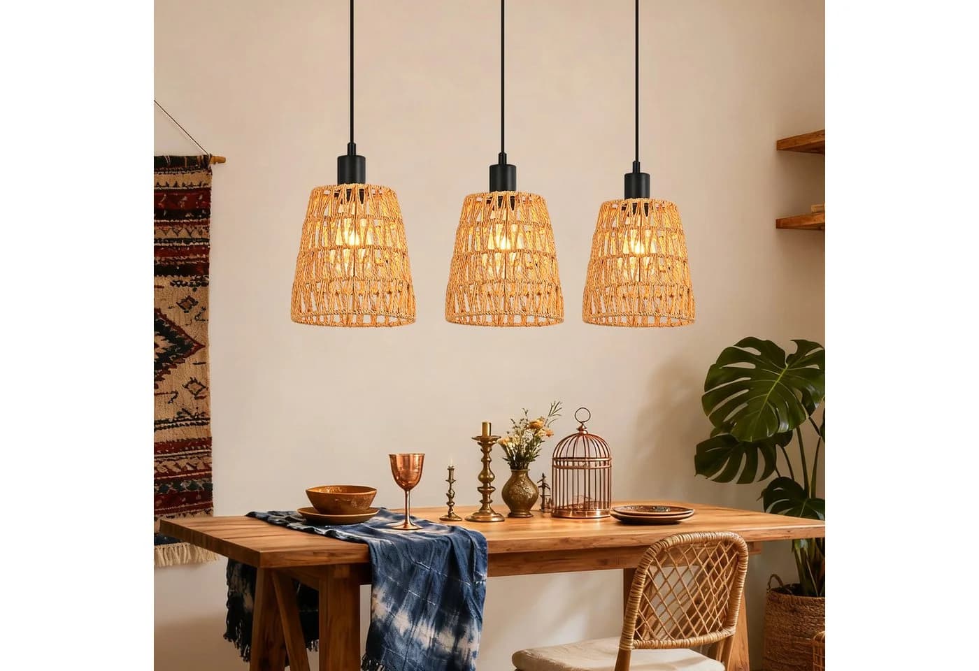 Nettlife Pendelleuchte Retro Boho Rattan höhenverstellbar E27 - Bild 2
