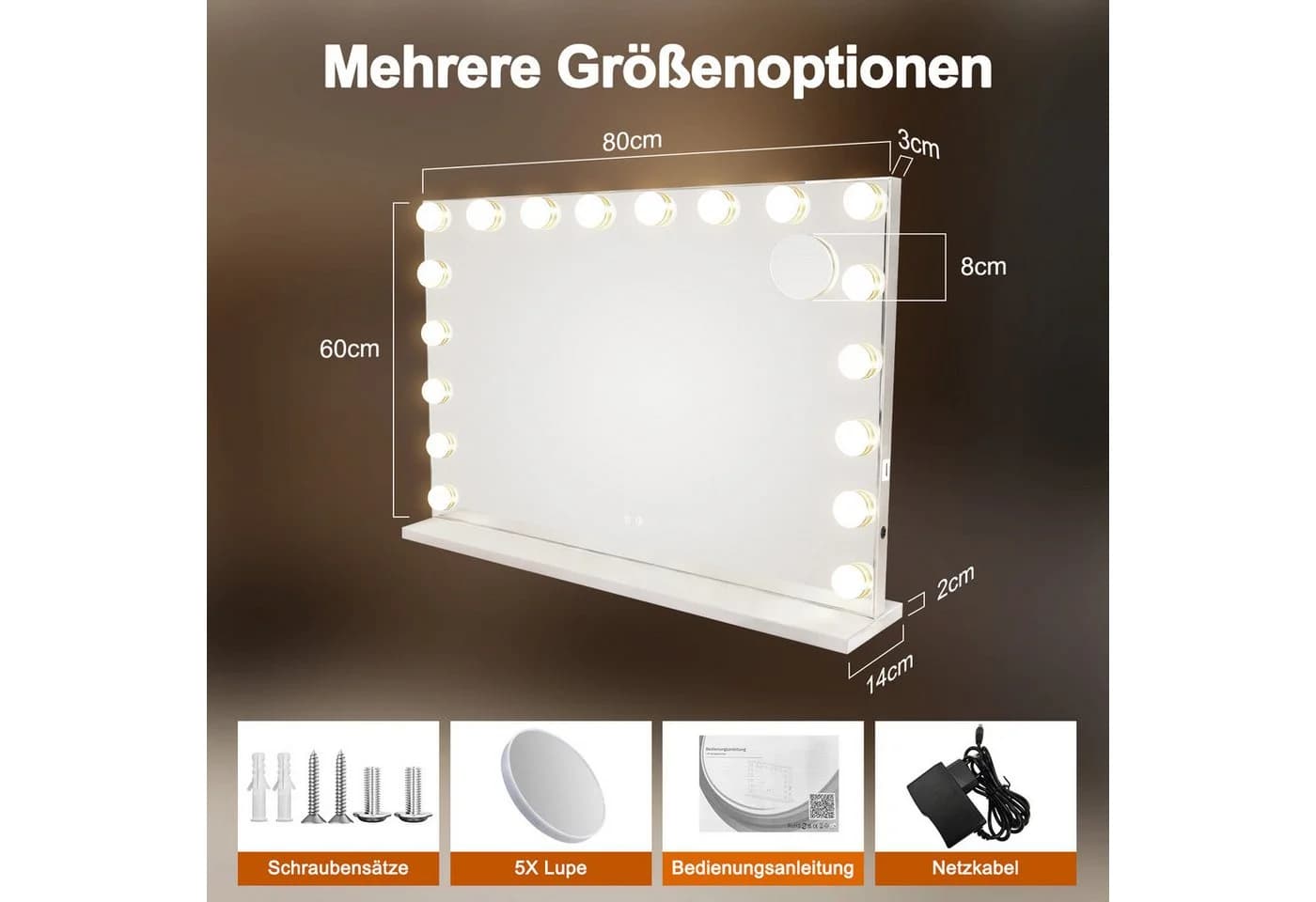 Nettlife Schminkspiegel LED-Beleuchtung Bluetooth 18 LEDs 3 Lichtmodi Hollywood Style