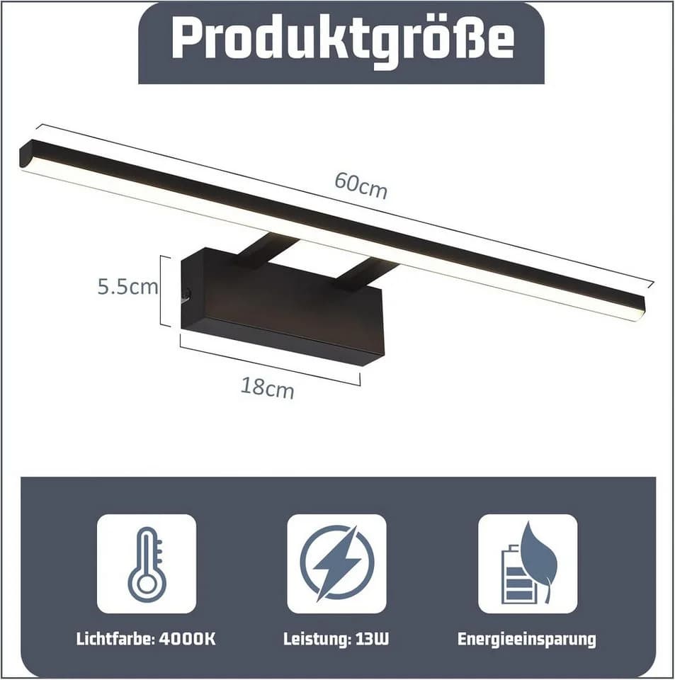 Nettlife LED Spiegelleuchte Schwarz Modern Badezimmer Spiegelbeleuchtung 60 cm 4000K Neutralweiß - Bild 3