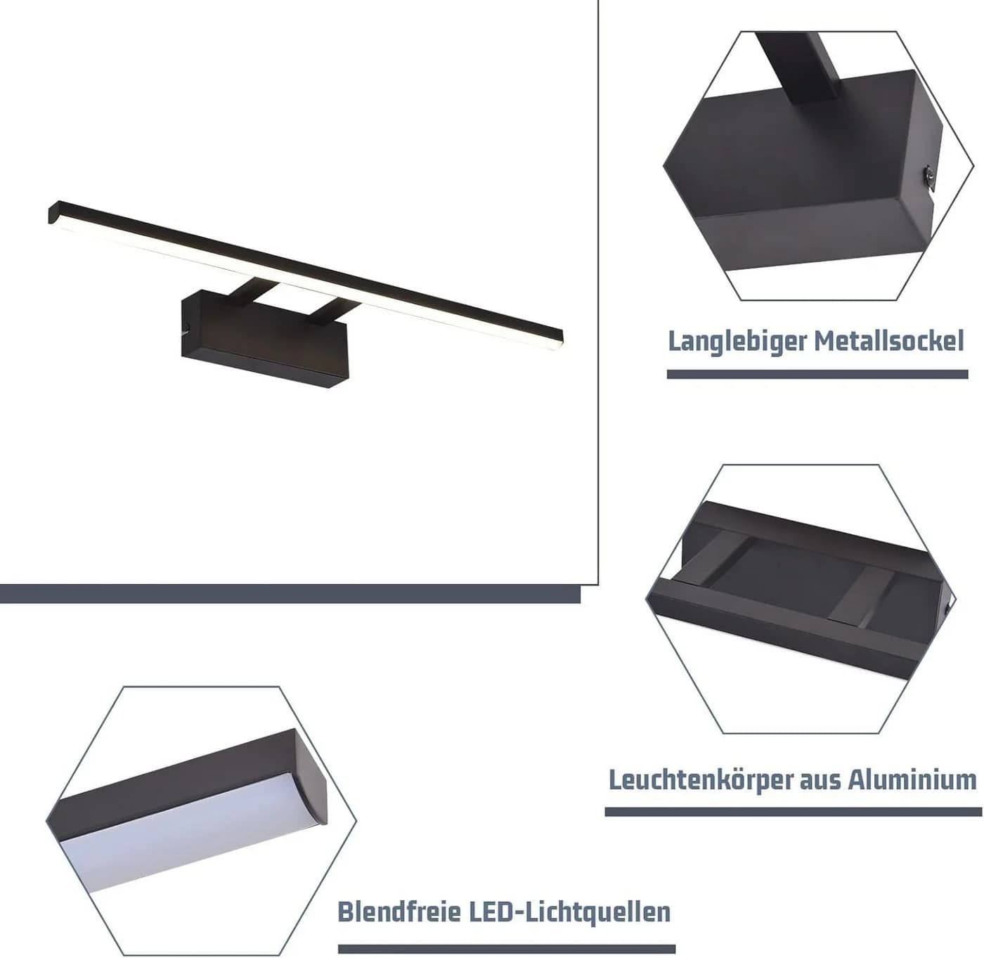 Nettlife LED Spiegelleuchte Schwarz Modern Badezimmer Spiegelbeleuchtung 60 cm 4000K Neutralweiß - Bild 5