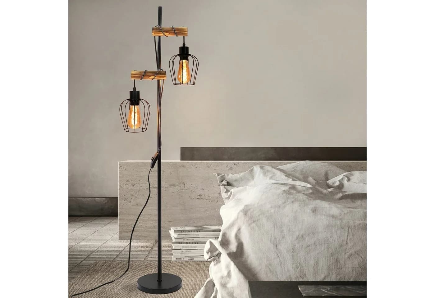 Nettlife Stehlampe Vintage Holz Schwarz 2-flammig LED wechselbar