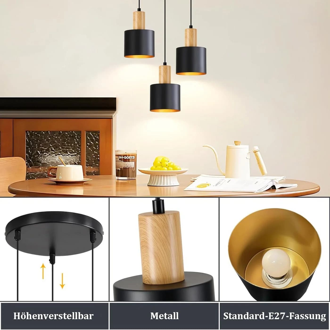 Nettlife Pendelleuchte Vintage Schwarz-Gold Höhenverstellbar