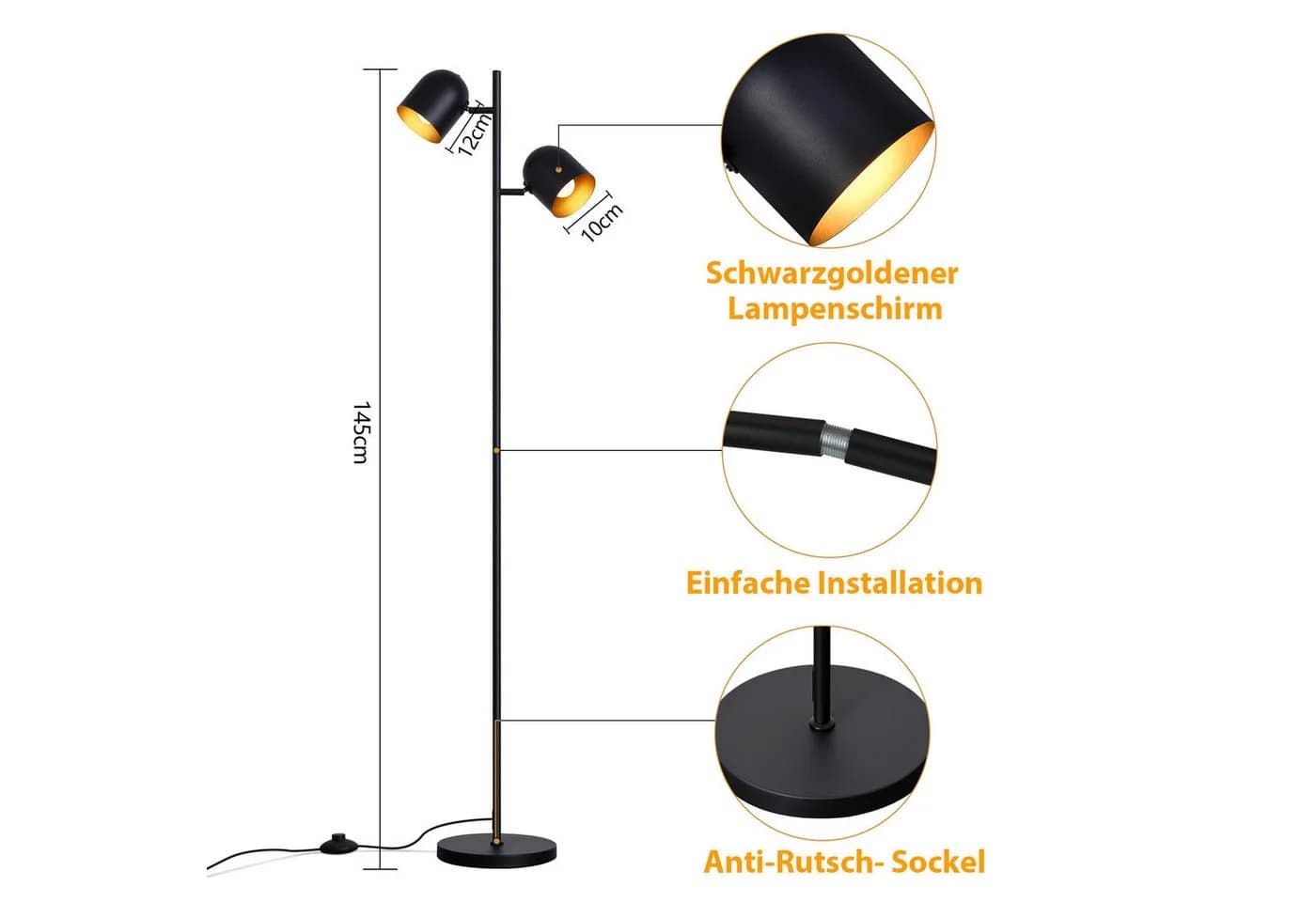 Nettlife Stehlampe Wohnzimmer Schwarz Metall Industrielle Retro - Bild 3