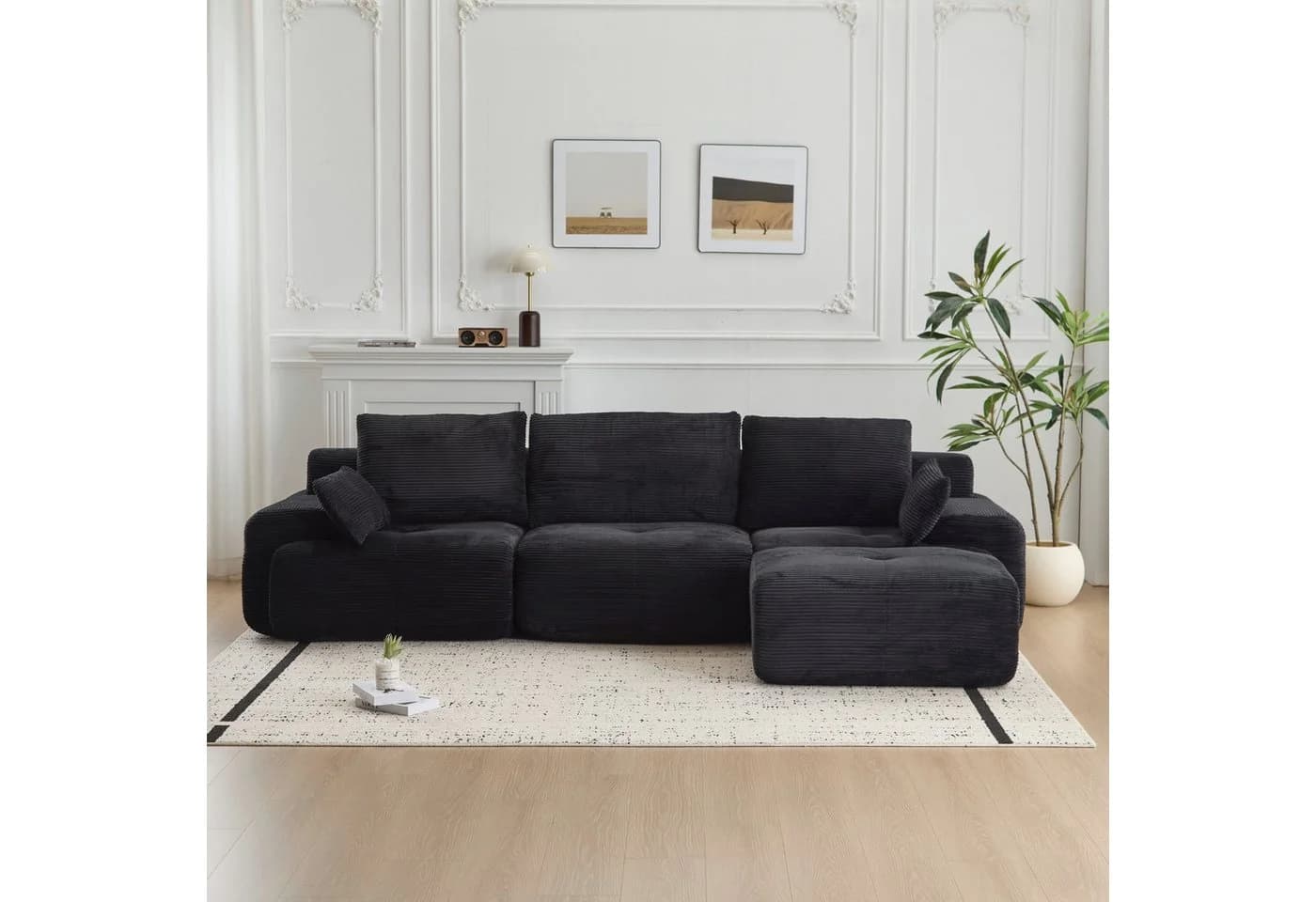 Leawin Ecksofa 3-Sitzer mit Hocker Schwarz Cord - Bild 2
