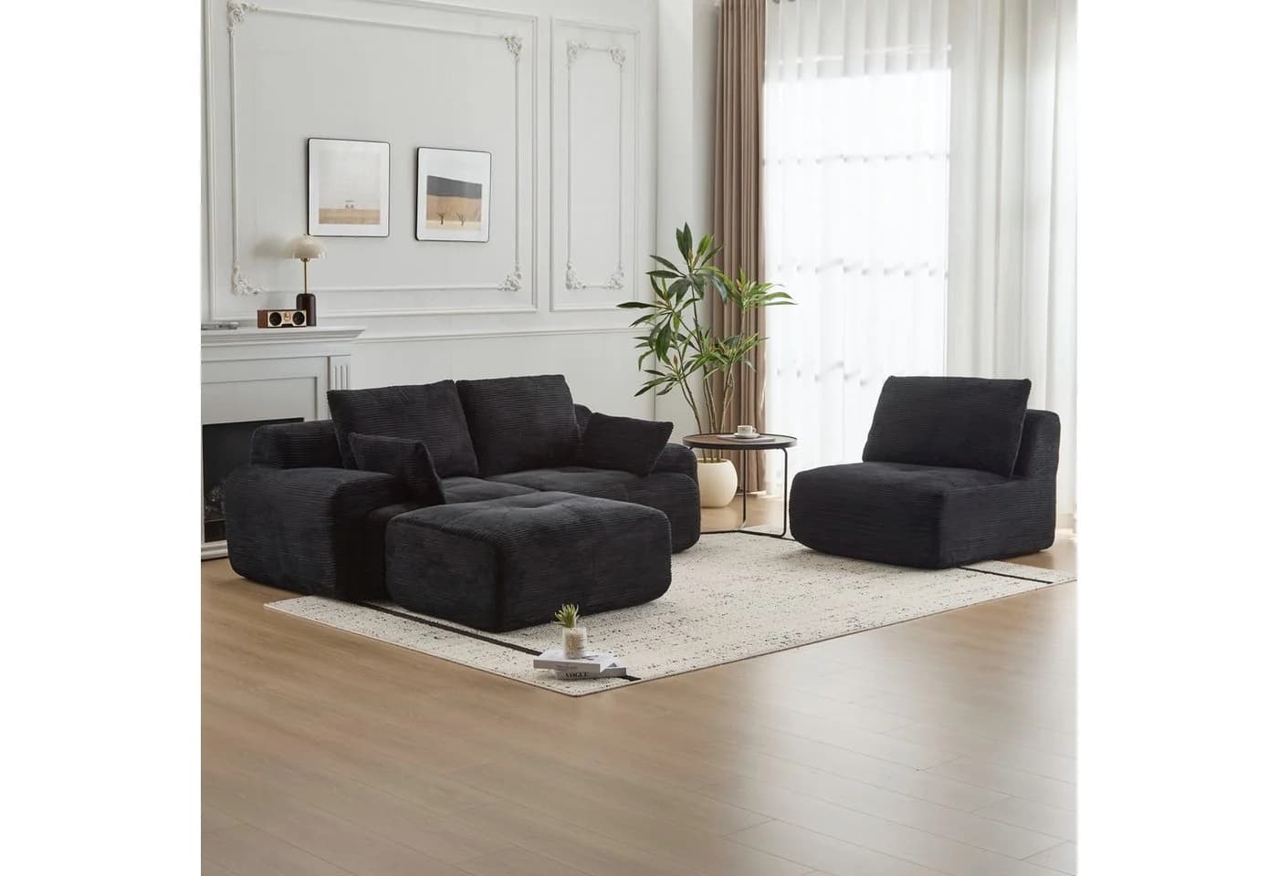 Leawin Ecksofa 3-Sitzer mit Hocker Schwarz Cord - Bild 3