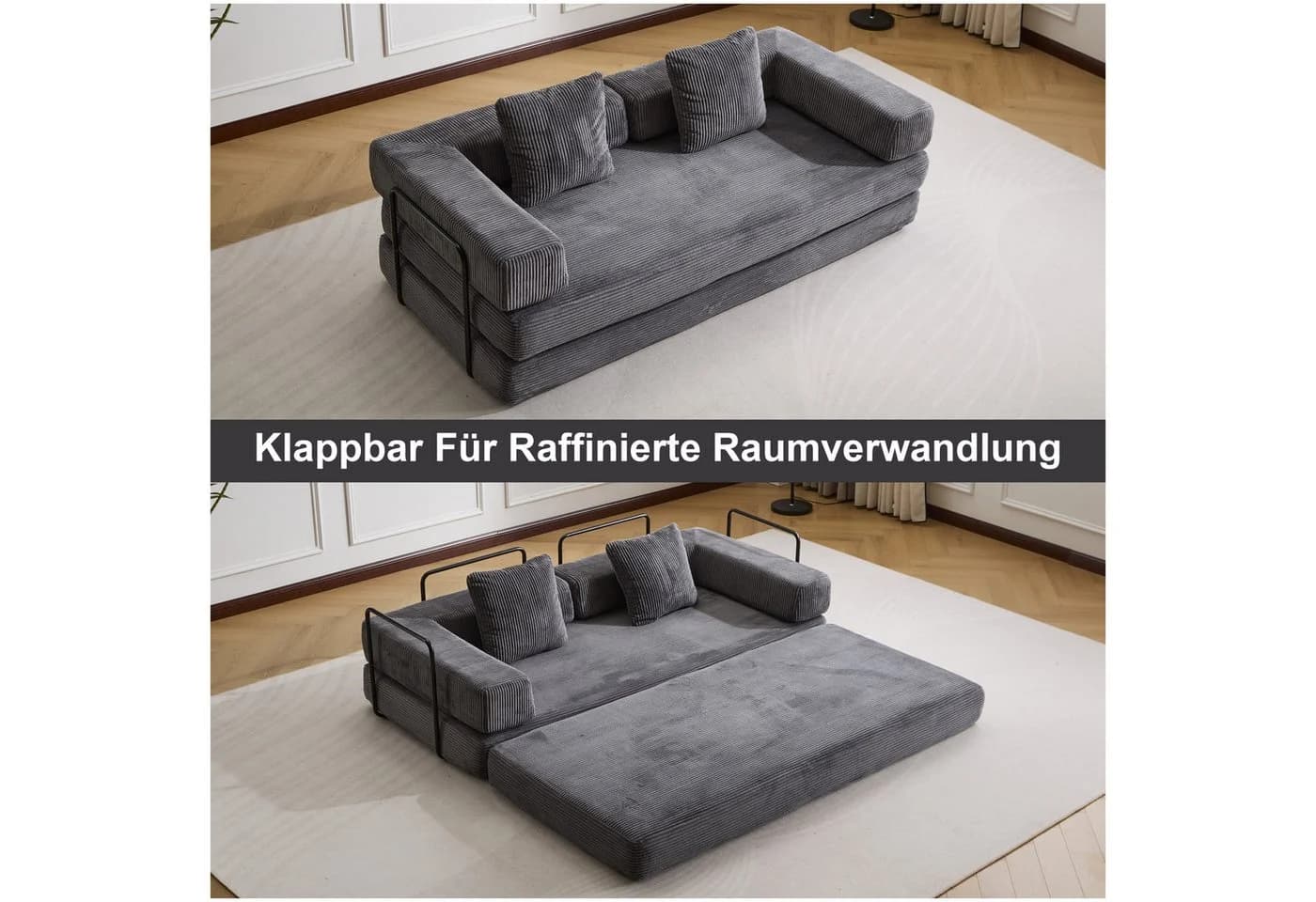 Leawin Loungesofa Faltbares Schlafsofa 4-in-1 Cordstoff Grau