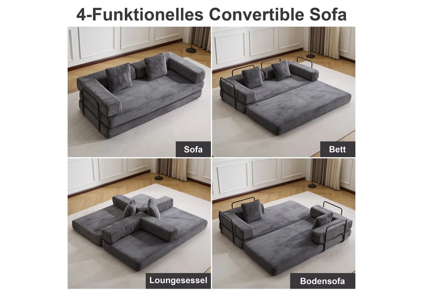 Leawin Loungesofa Faltbares Schlafsofa 4-in-1 Cordstoff Grau - Bild 3