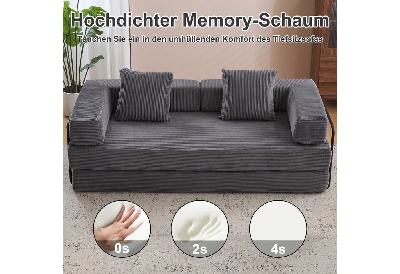 Leawin Loungesofa Faltbares Schlafsofa 4-in-1 Cordstoff Grau - Bild 5