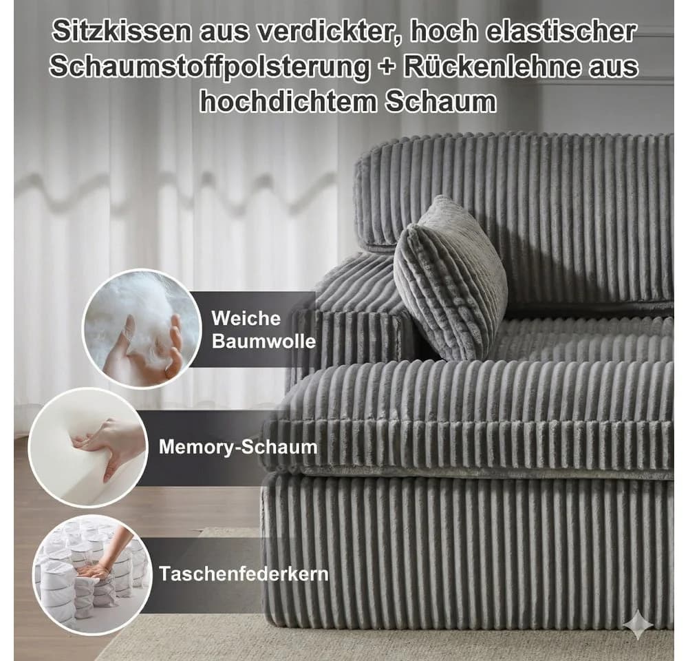 Leawin Cordsofa 2-Sitzer Bettfunktion Grau Modernes Schlafsofa - Bild 3