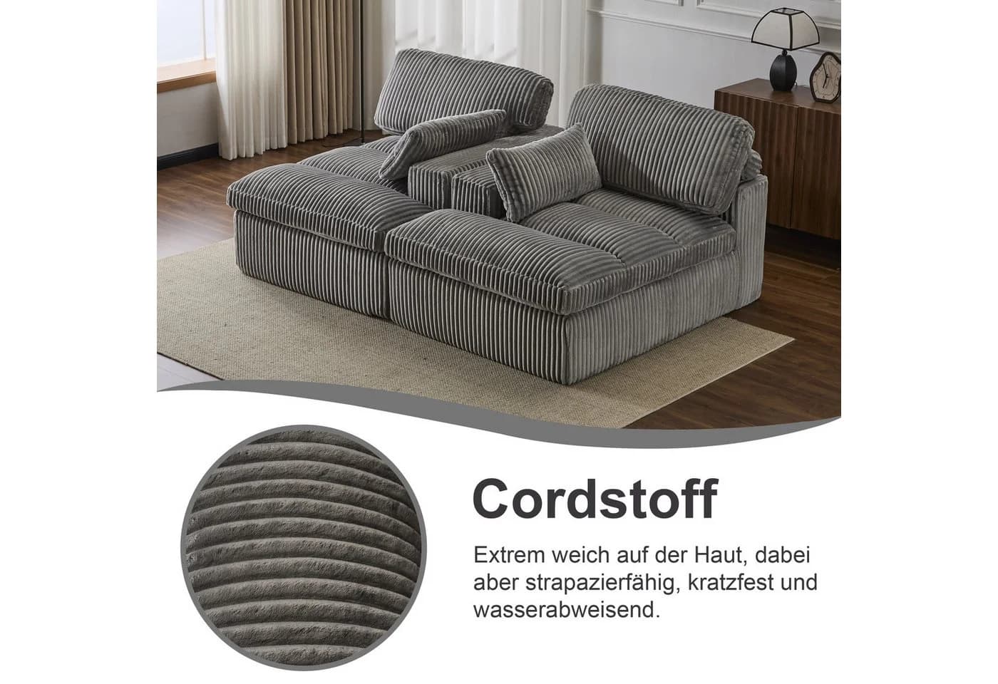 Leawin Cordsofa 2-Sitzer Bettfunktion Grau Modernes Schlafsofa - Bild 4