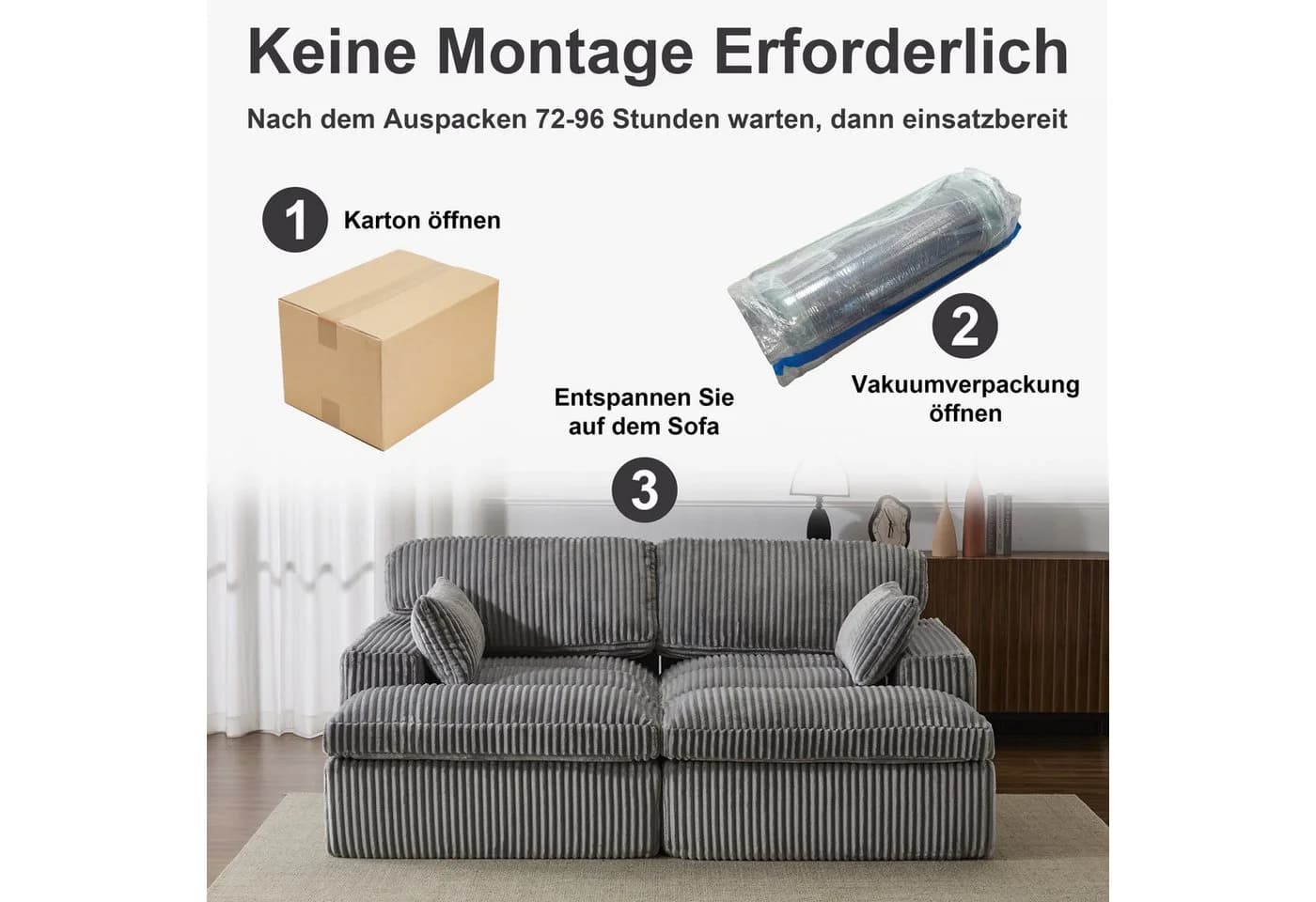 Leawin Cordsofa 2-Sitzer Bettfunktion Grau Modernes Schlafsofa - Bild 5