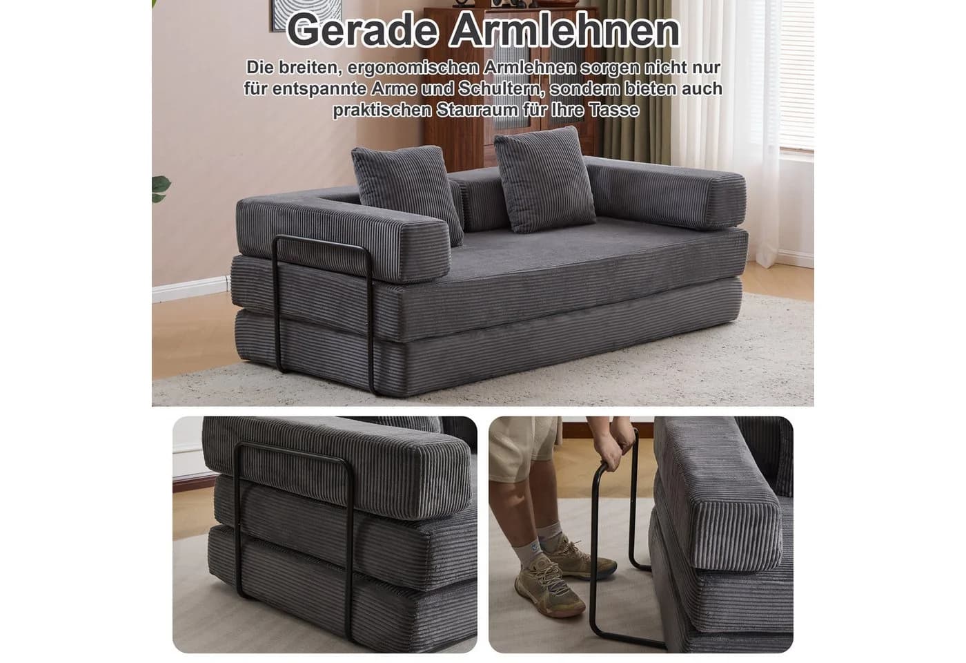 Leawin 4-in-1 Wohnzimmersofa mit Bettfunktion – faltbares Cord Schlafsofa, Bequemes & modernes Schlafsofa aus Cord – ideal für kleine Räume - Bild 4