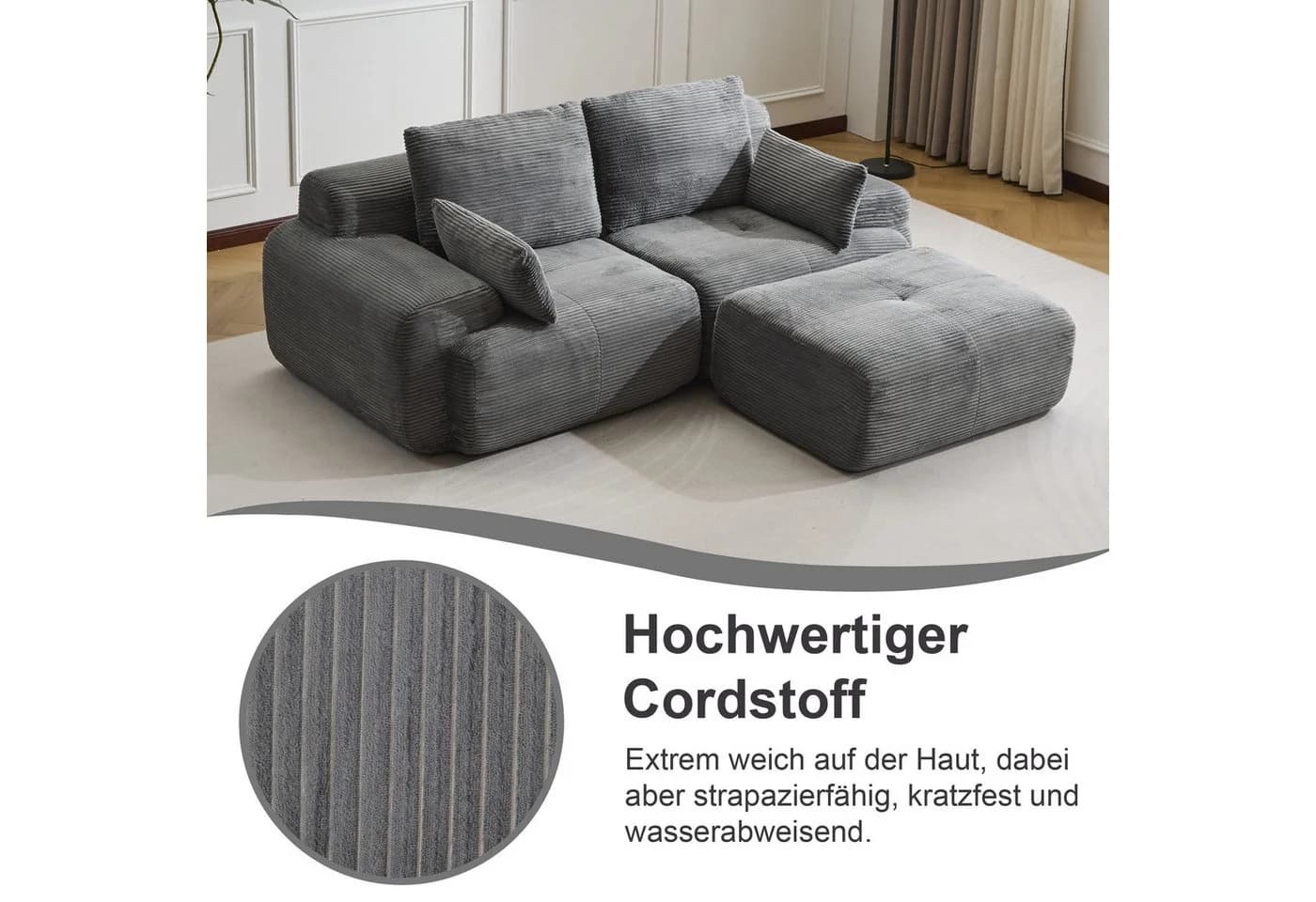 Leawin 2-Sitzer Sofa Cordstoff Grau Schwarz Modern - Bild 3