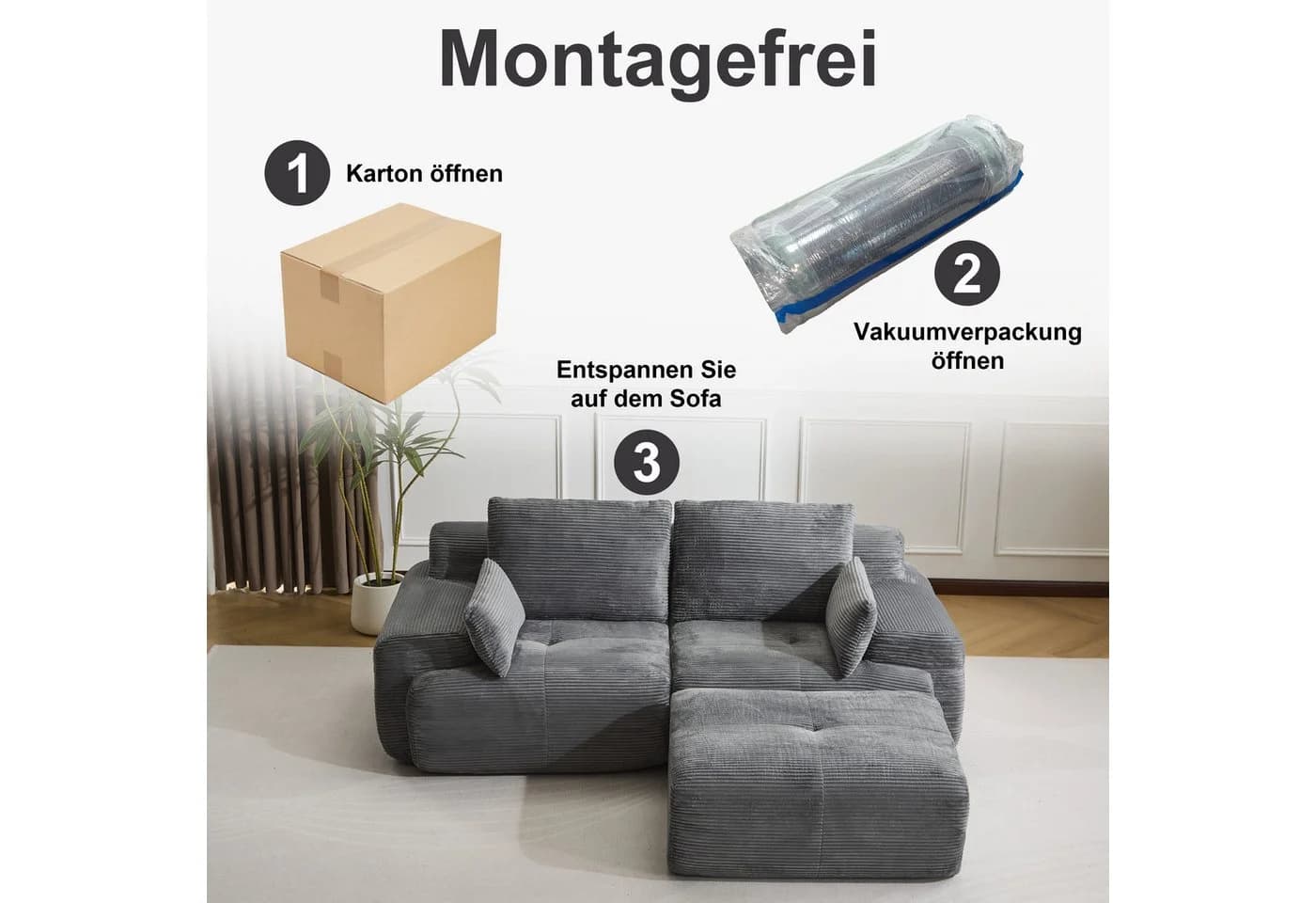 Leawin 2-Sitzer Sofa Cordstoff Grau Schwarz Modern - Bild 4