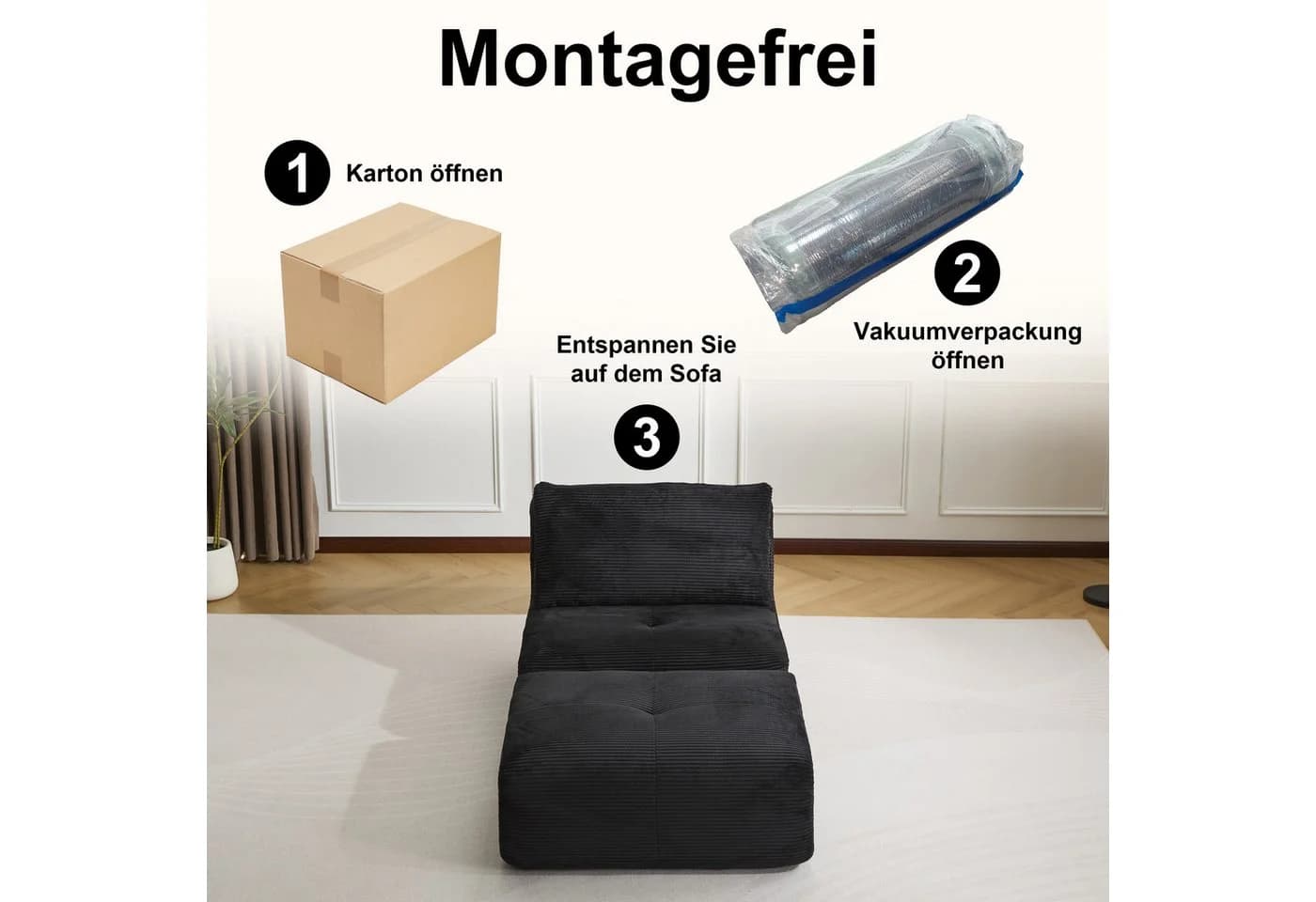 Leawin Lounge Sessel mit Hocker Cordstoff Schwarz - Bild 5