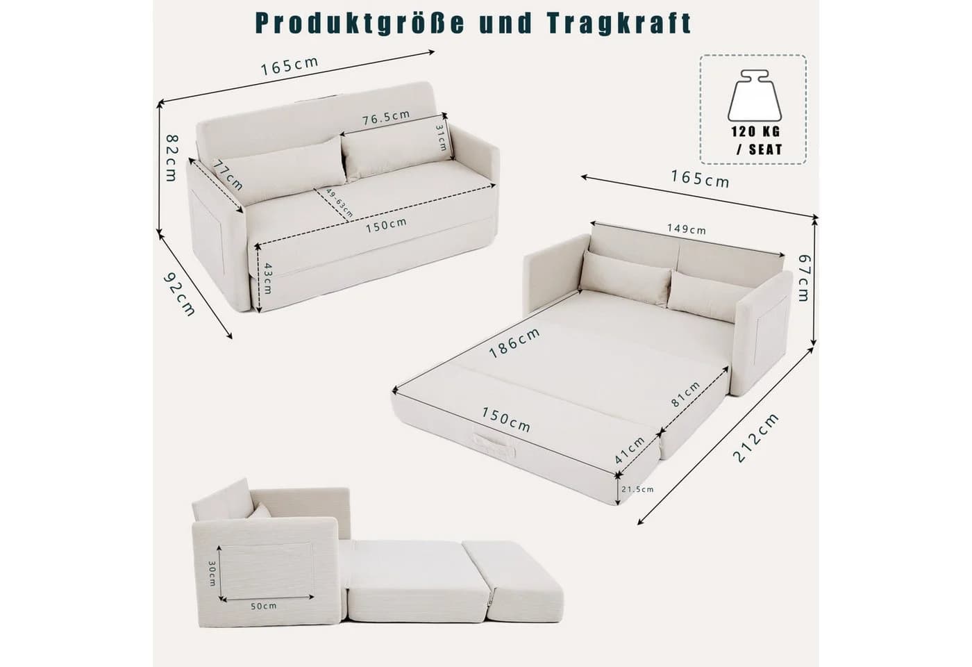 ANYSUN Loungesofa 2-in-1 Schlafsofa Beige Cordstoff