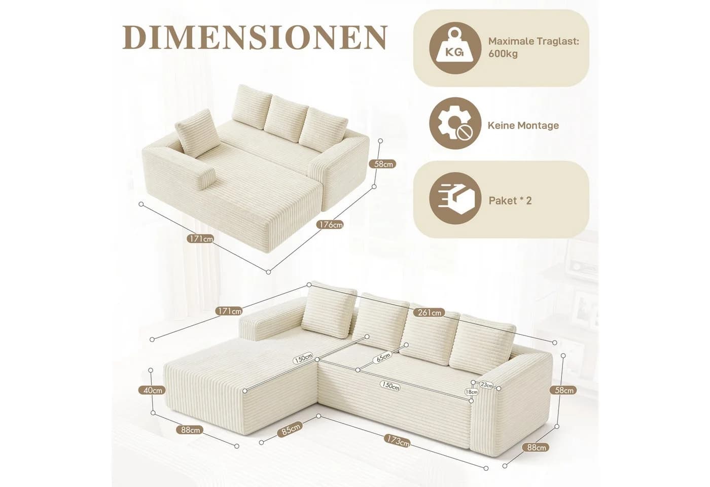 ANYSUN Ecksofa L-Form Beige Cordsamt 4-Sitzer - Bild 3