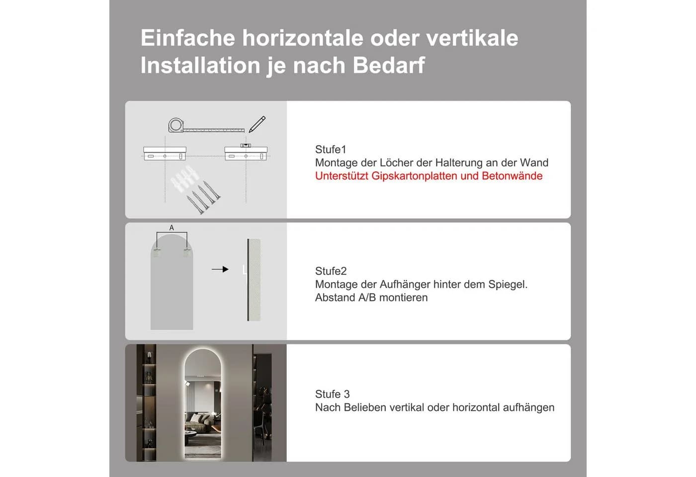 ANYSUN LED Wandspiegel Silber 150x50 cm mit 3 Lichtfarben & Memory-Funktion - Bild 4