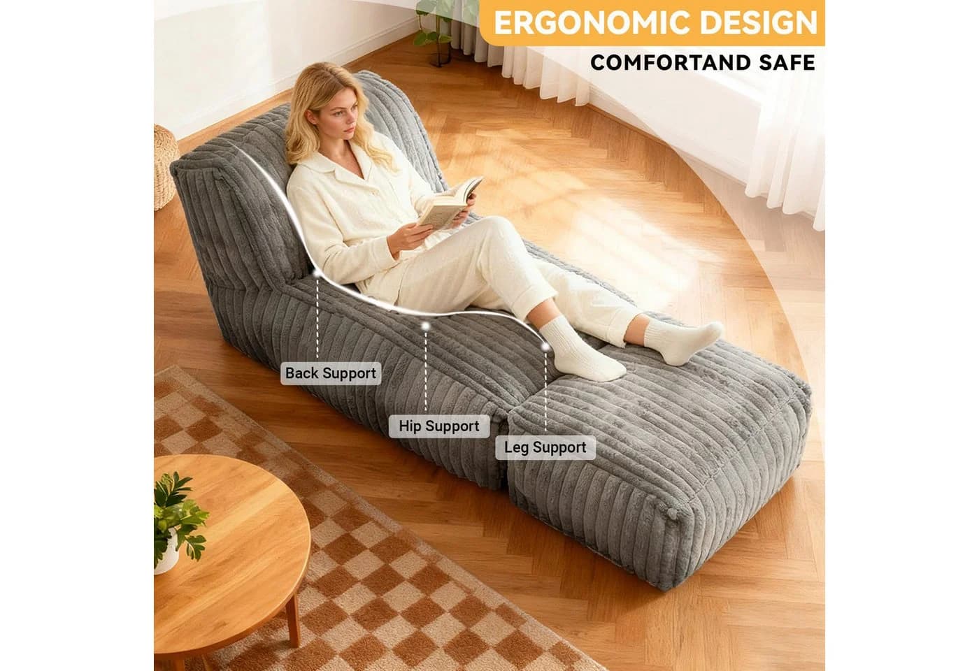 ANYSUN Sitzsack Cord mit Hocker Grau Ergonomisch