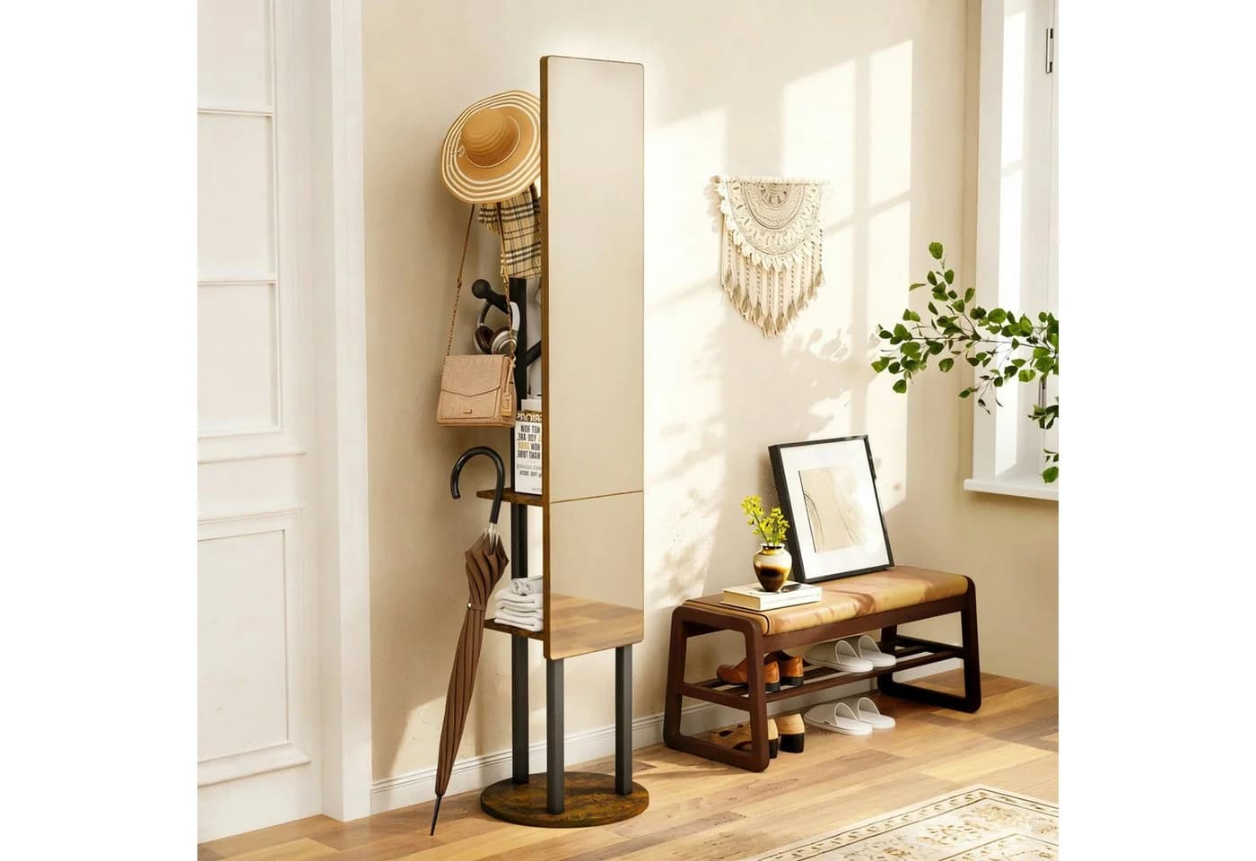 ANYSUN Ganzkörperspiegel Garderobe 360° drehbar Braun