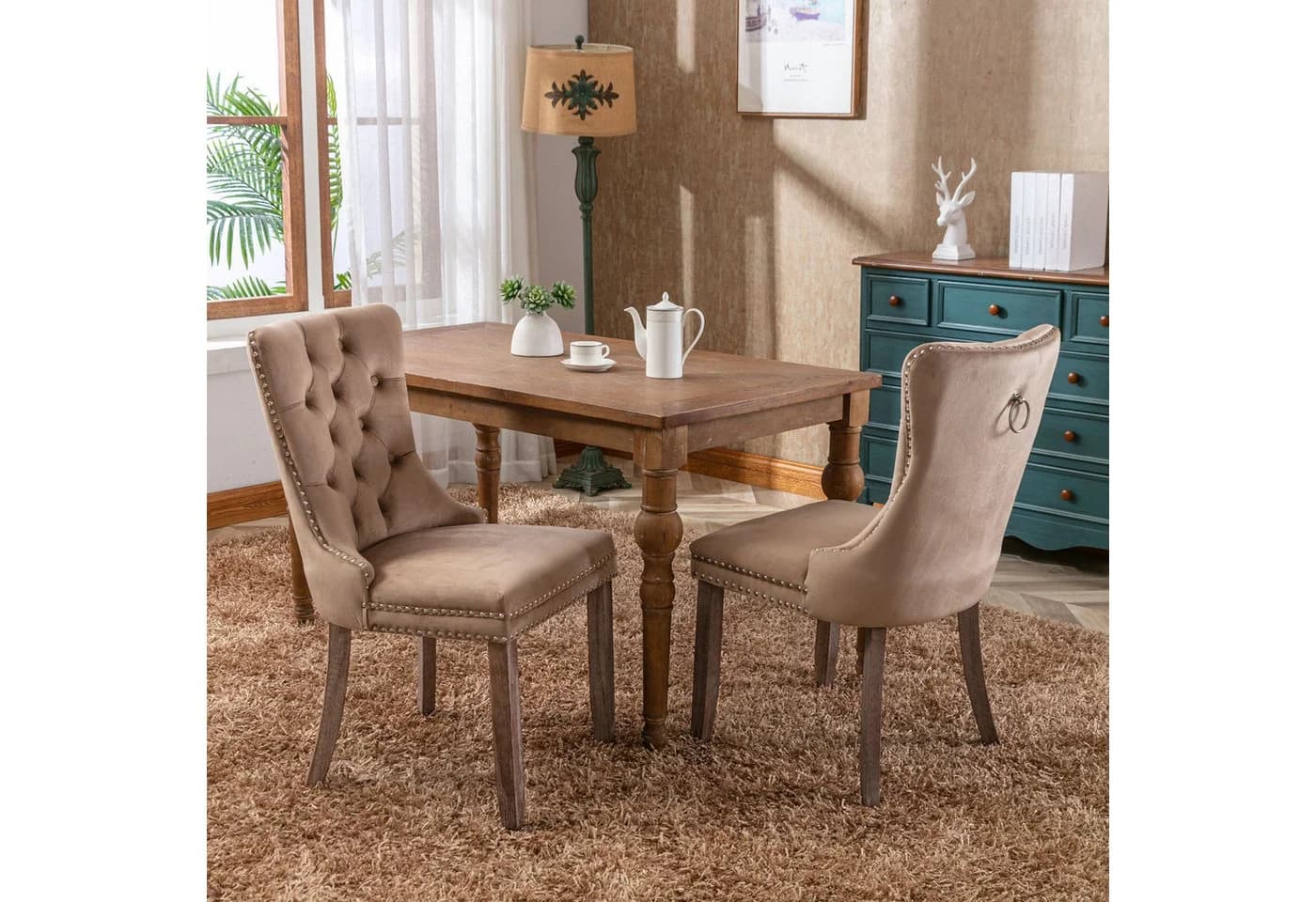 ANYSUN Esszimmerstuhl 2er-Set Khaki Samt Chesterfield Massivholz