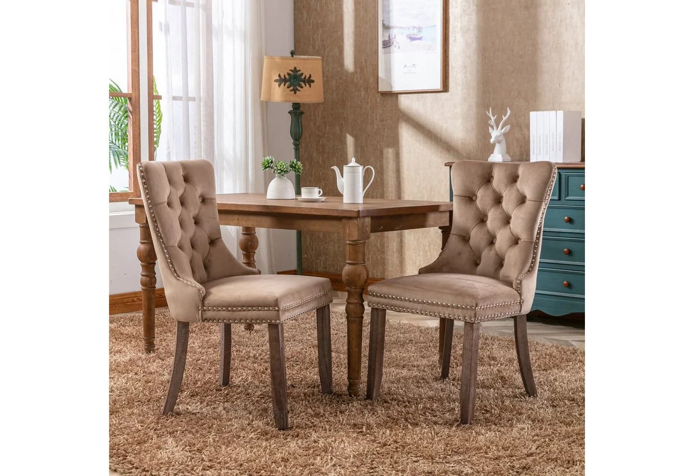 ANYSUN Esszimmerstuhl 2er-Set Khaki Samt Chesterfield Massivholz - Bild 2