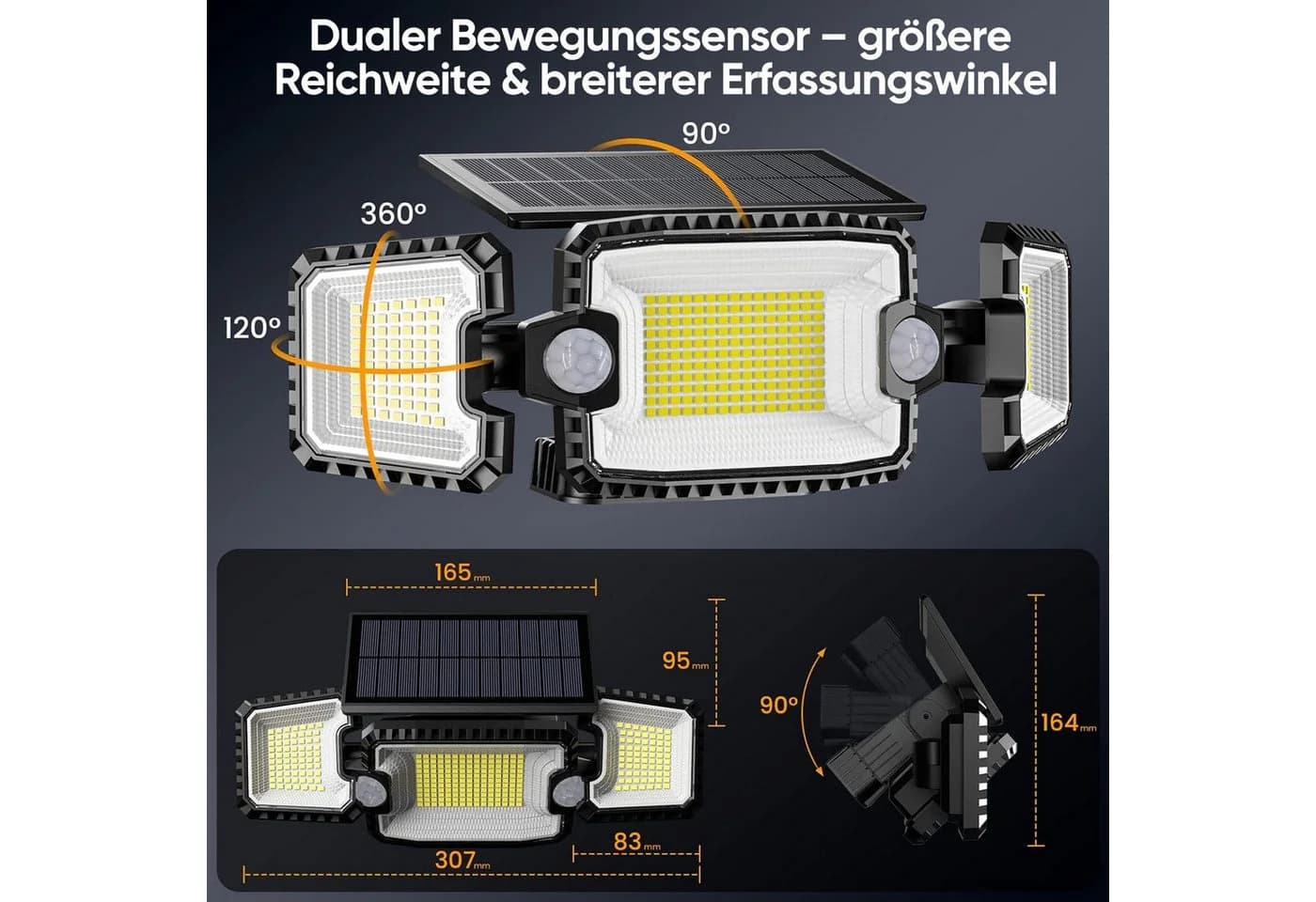Quntis LED Solarleuchte Außen mit Bewegungsmelder 305 LEDs IP65 - Bild 3