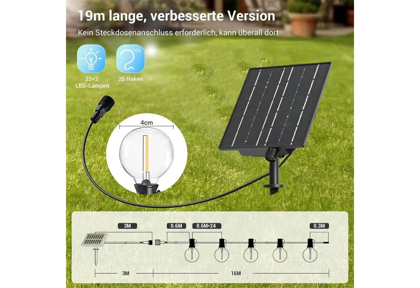 Quntis Solar-Lichterkette 19m mit Fernbedienung Dimmbar Timer