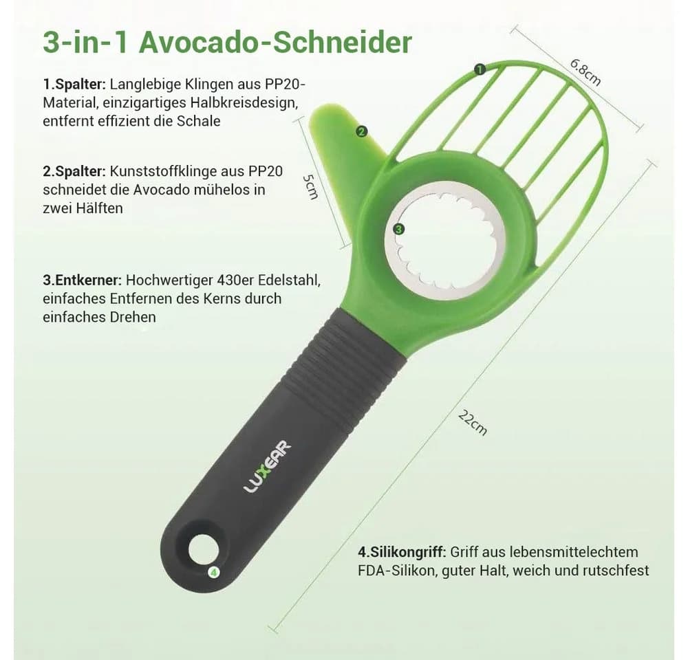 Elegear 3-in-1 Avocadoschneider Grün mit rutschfestem Griff